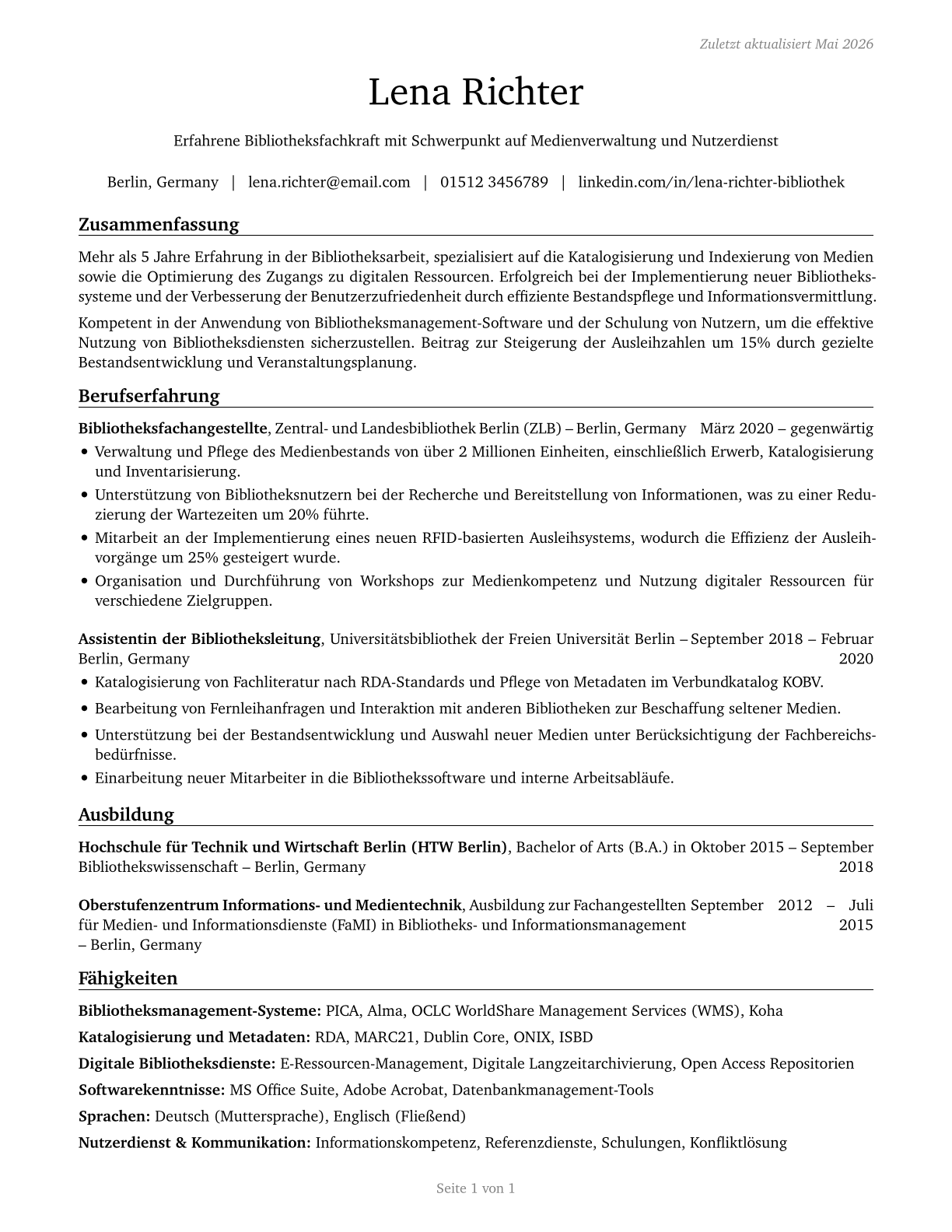 Library Technicians CV in German — page 1