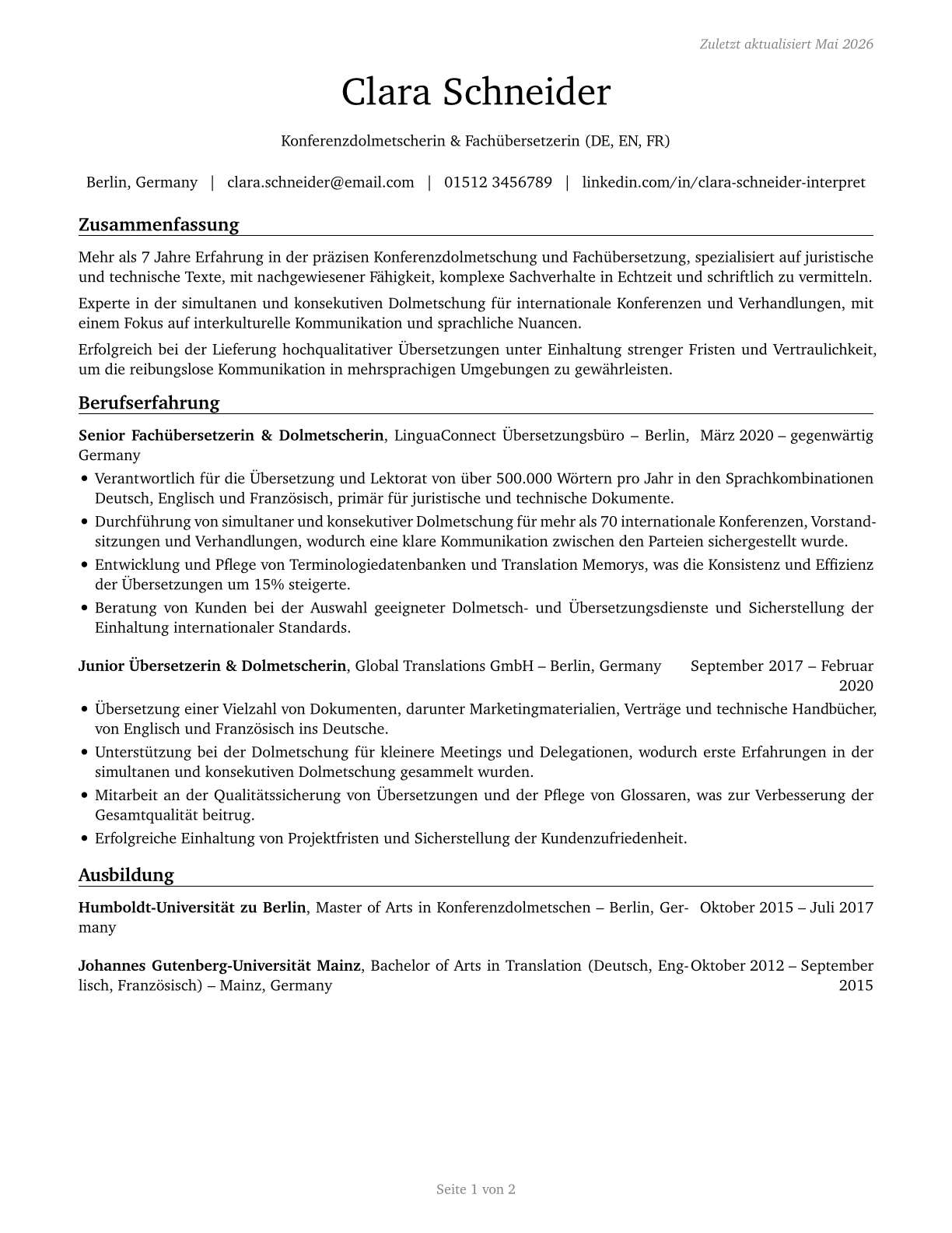 Interpreters and Translators CV in German — page 1
