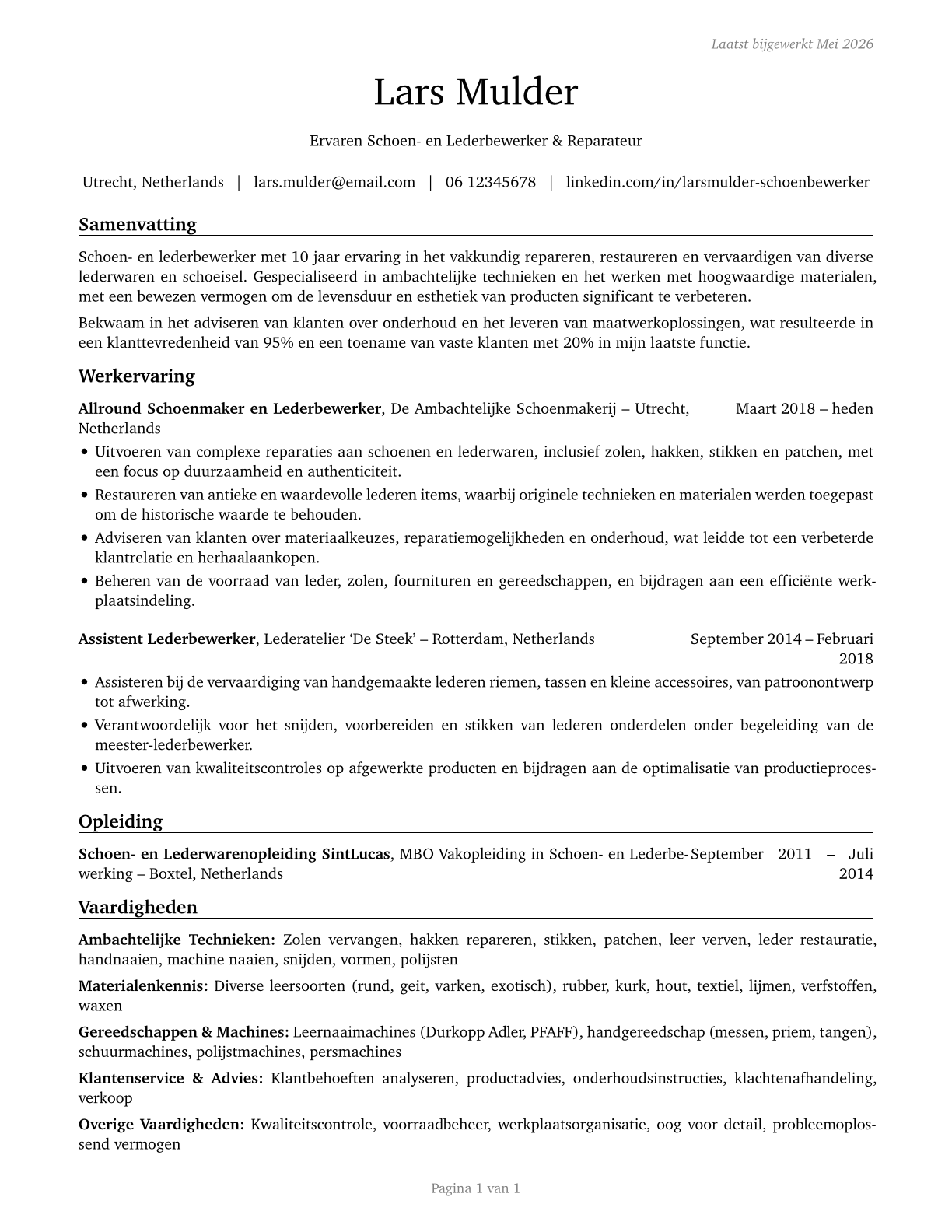 Shoe and Leather Workers and Repairers CV in Dutch — page 1