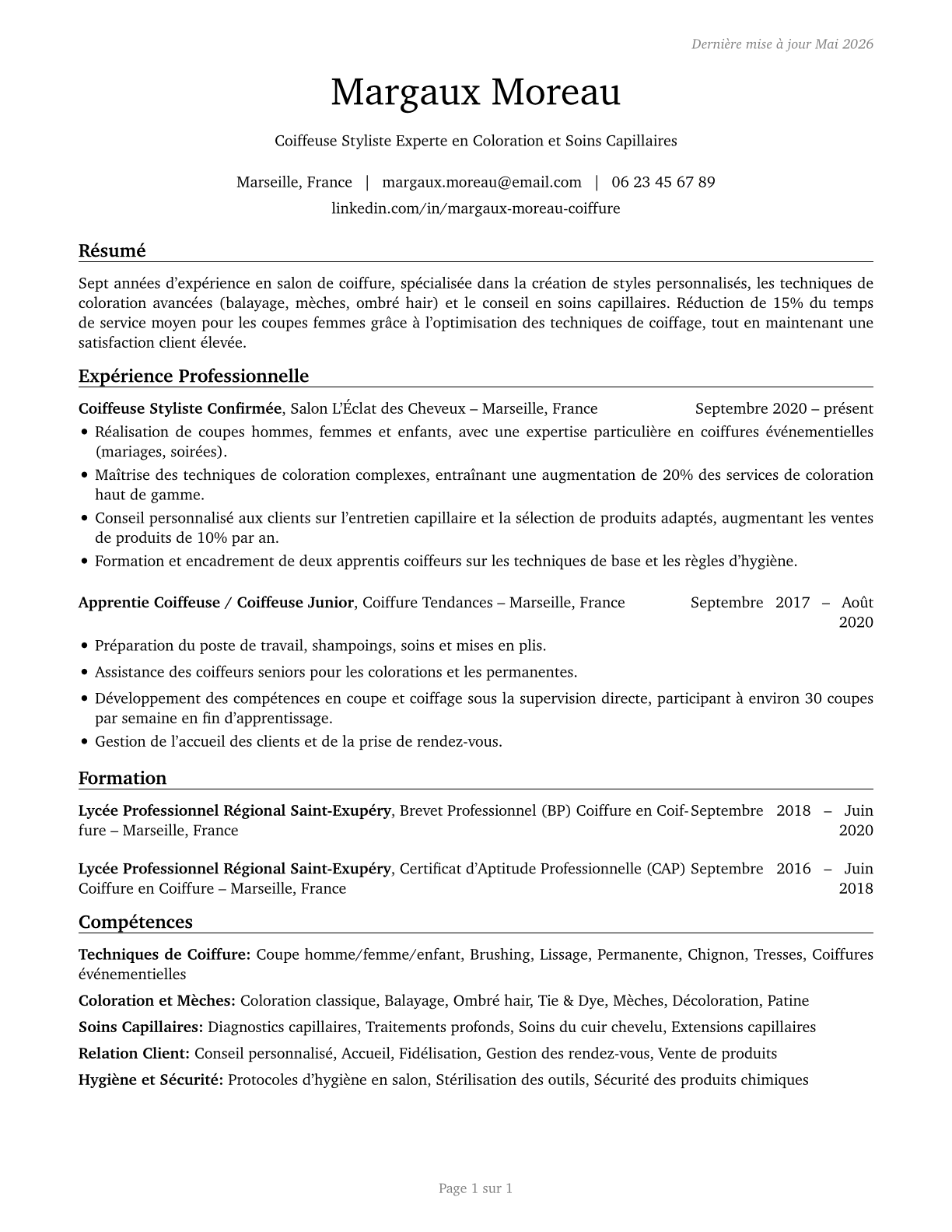 Hairdressers, Hairstylists, and Cosmetologists CV in French — page 1