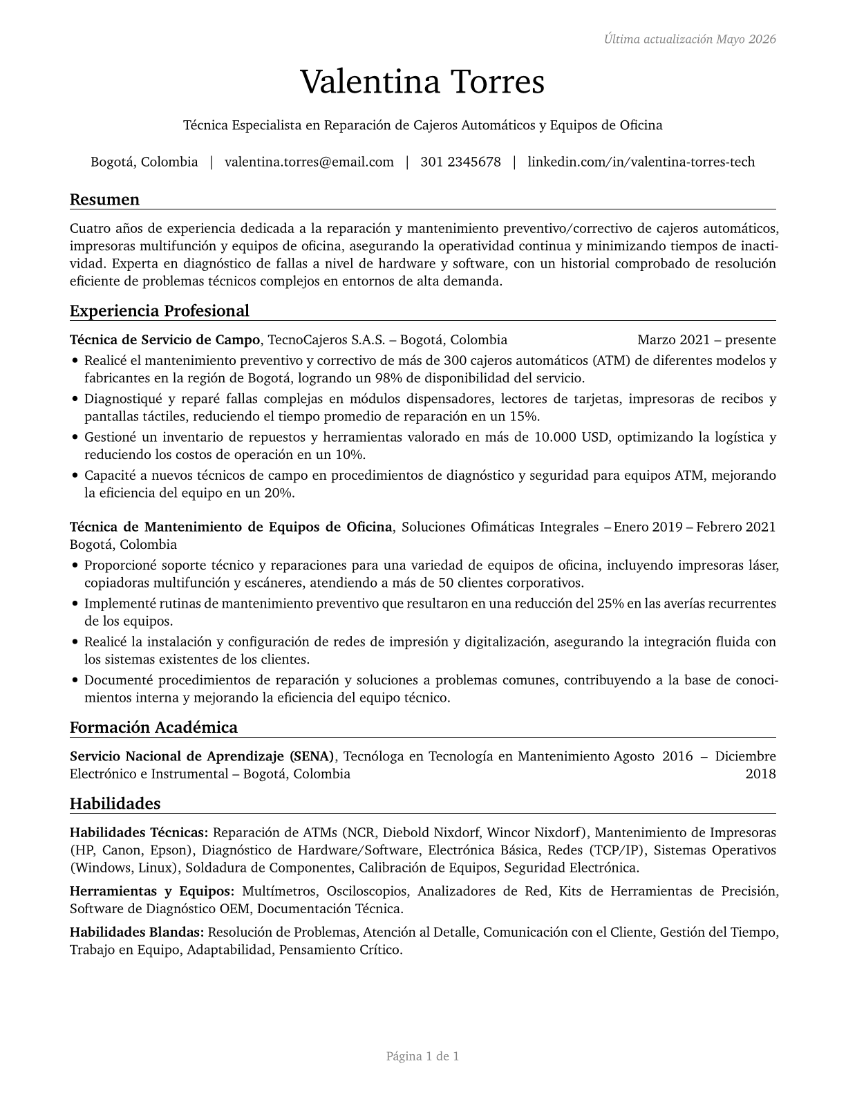 Computer, Automated Teller, and Office Machine Repairers CV in Spanish — page 1