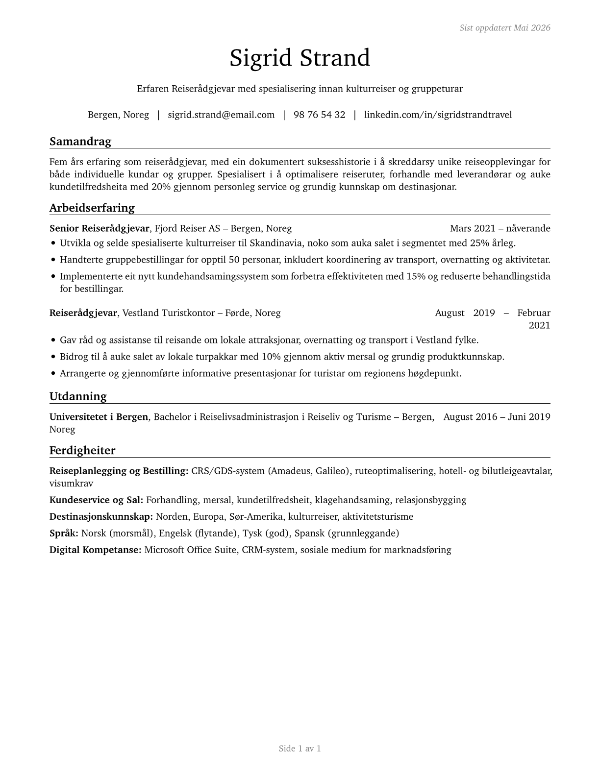 Travel Agents CV in Norwegian_nynorsk — page 1