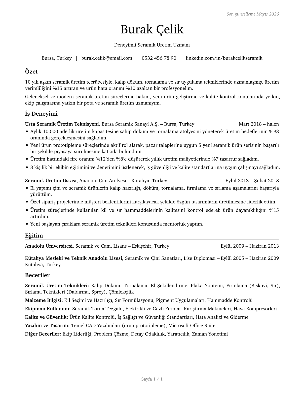 Potters, Manufacturing CV in Turkish — page 1