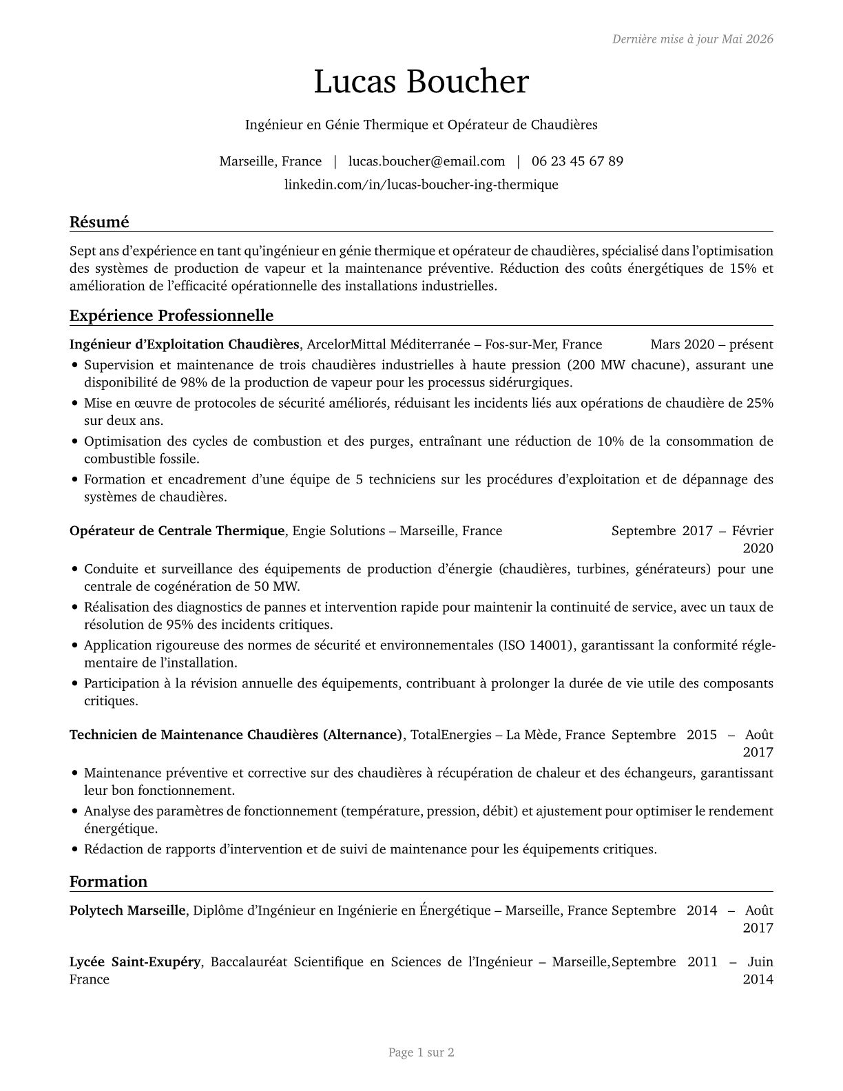 Stationary Engineers and Boiler Operators CV in French — page 1