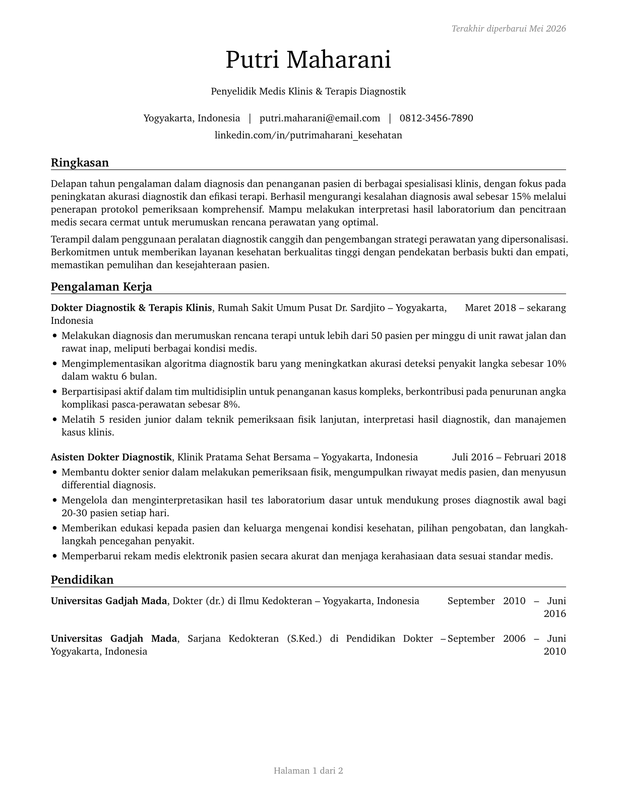 Healthcare Diagnosing or Treating Practitioners, All Other CV in Indonesian — page 1