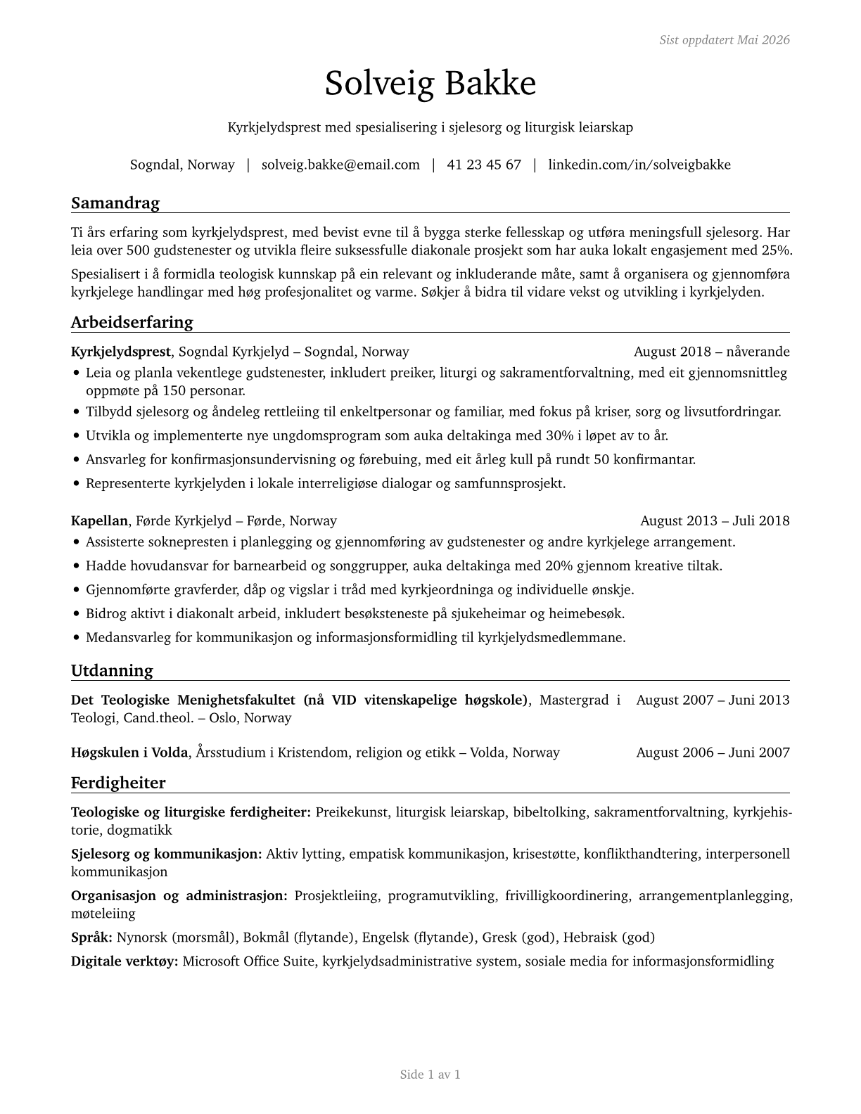 Religious Workers, All Other CV in Norwegian_nynorsk — page 1