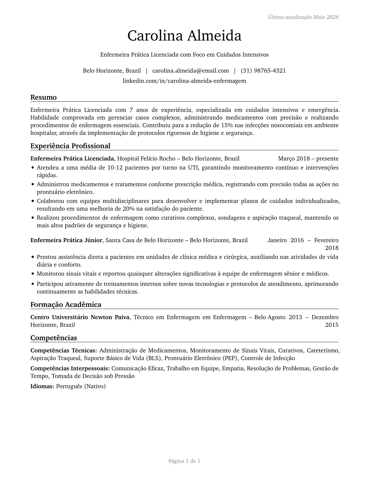 Licensed Practical and Licensed Vocational Nurses CV in Portuguese — page 1