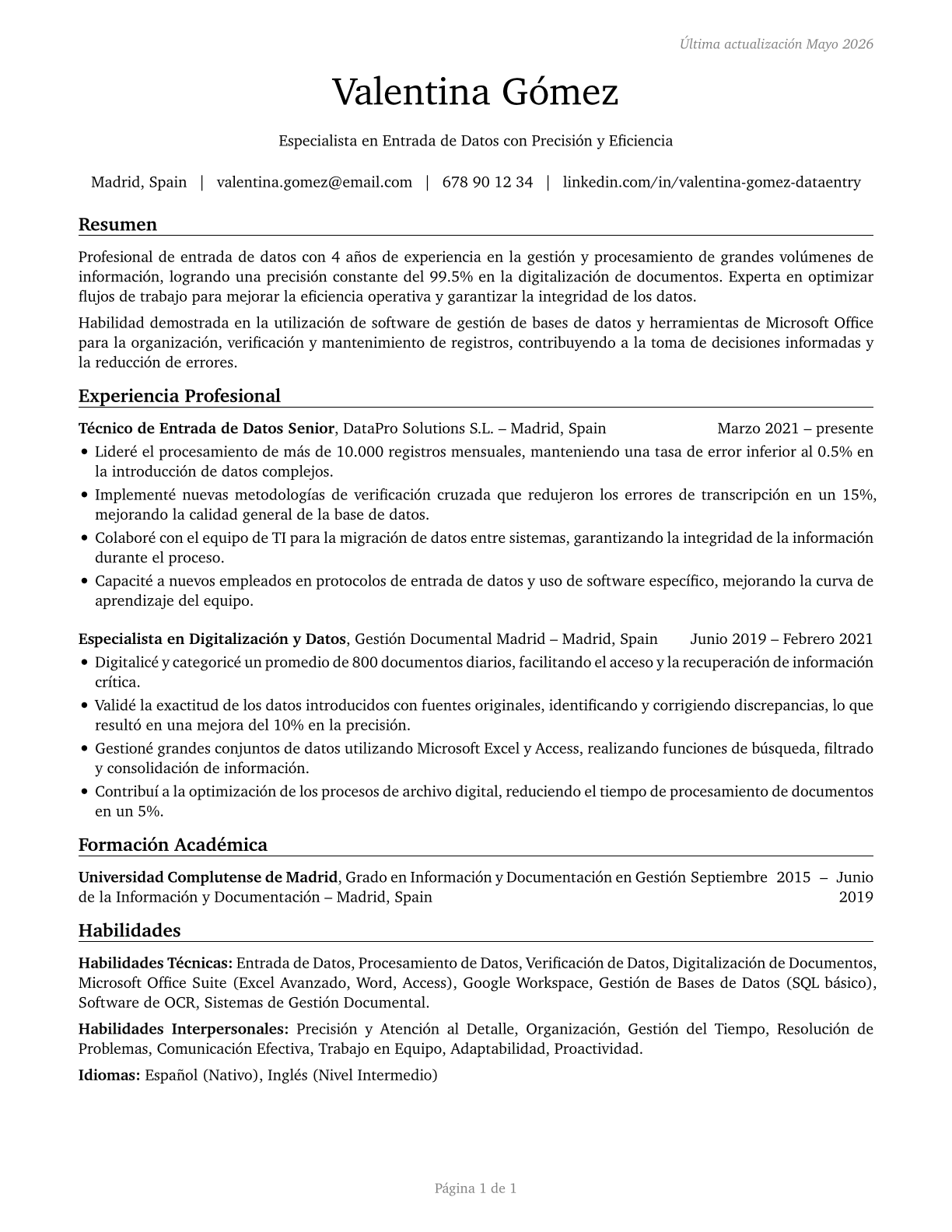 Data Entry Keyers CV in Spanish — page 1