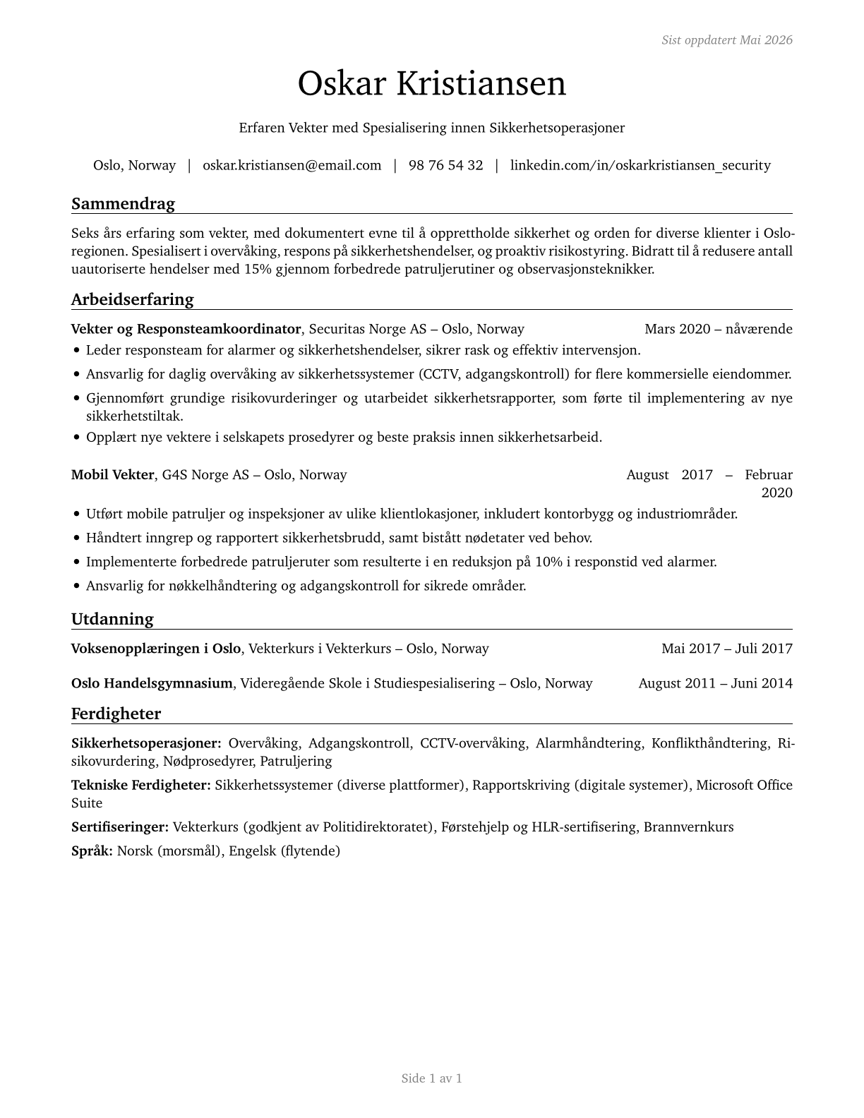 Security Guards CV in Norwegian_bokmal — page 1