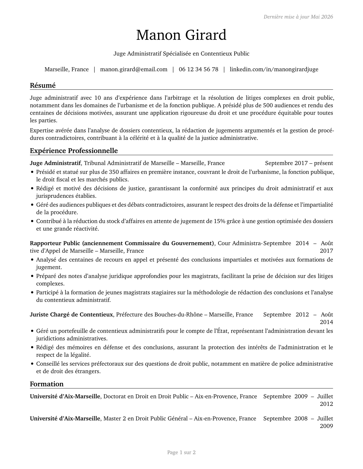 Administrative Law Judges, Adjudicators, and Hearing Officers CV in French — page 1