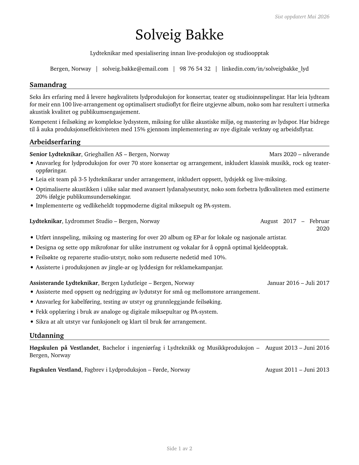 Sound Engineering Technicians CV in Norwegian_nynorsk — page 1