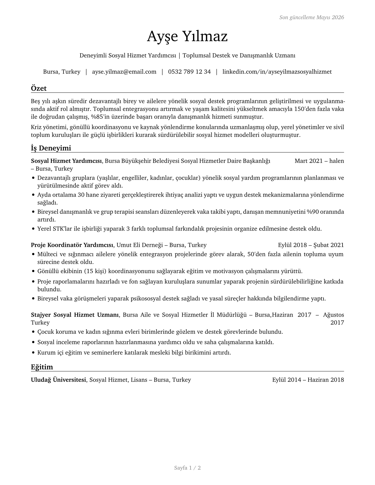 Social and Human Service Assistants CV in Turkish — page 1