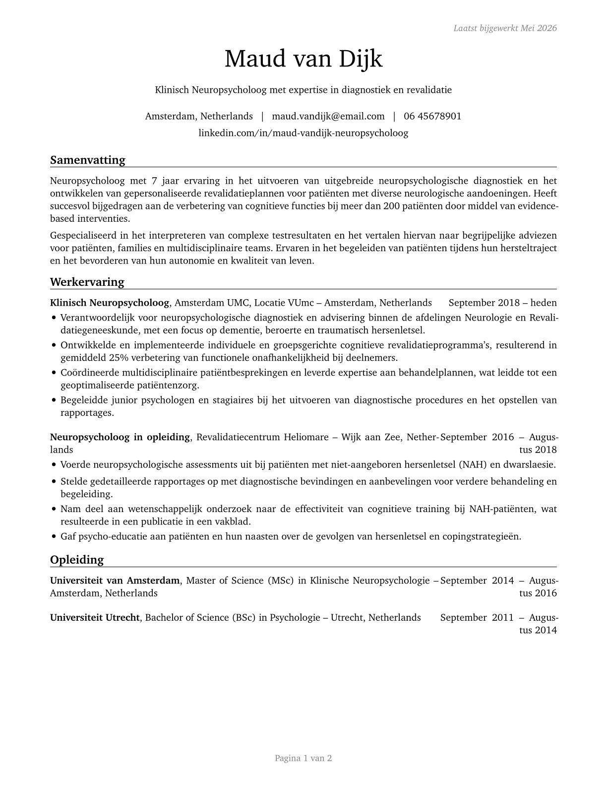 Neuropsychologists CV in Dutch — page 1