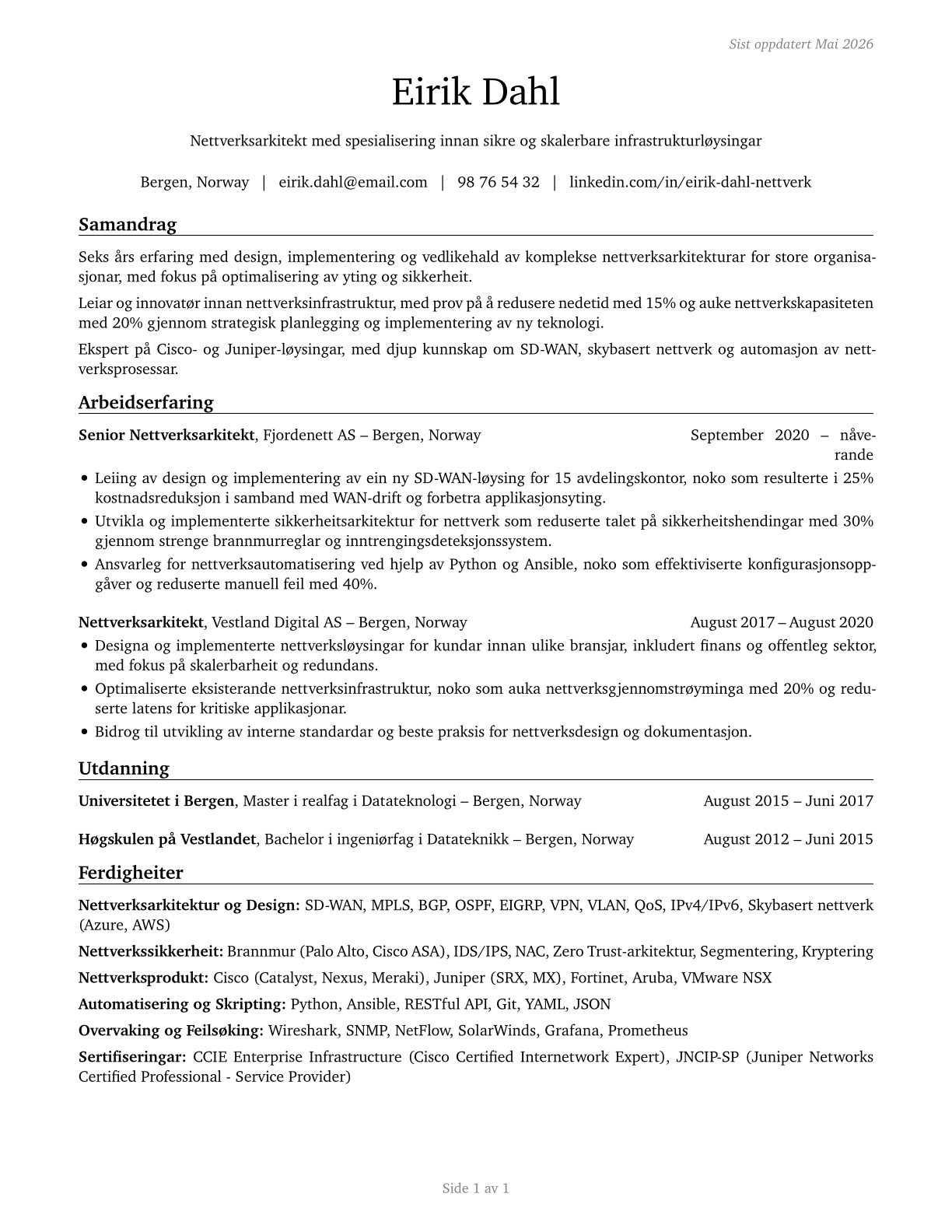 Computer Network Architects CV in Norwegian_nynorsk — page 1