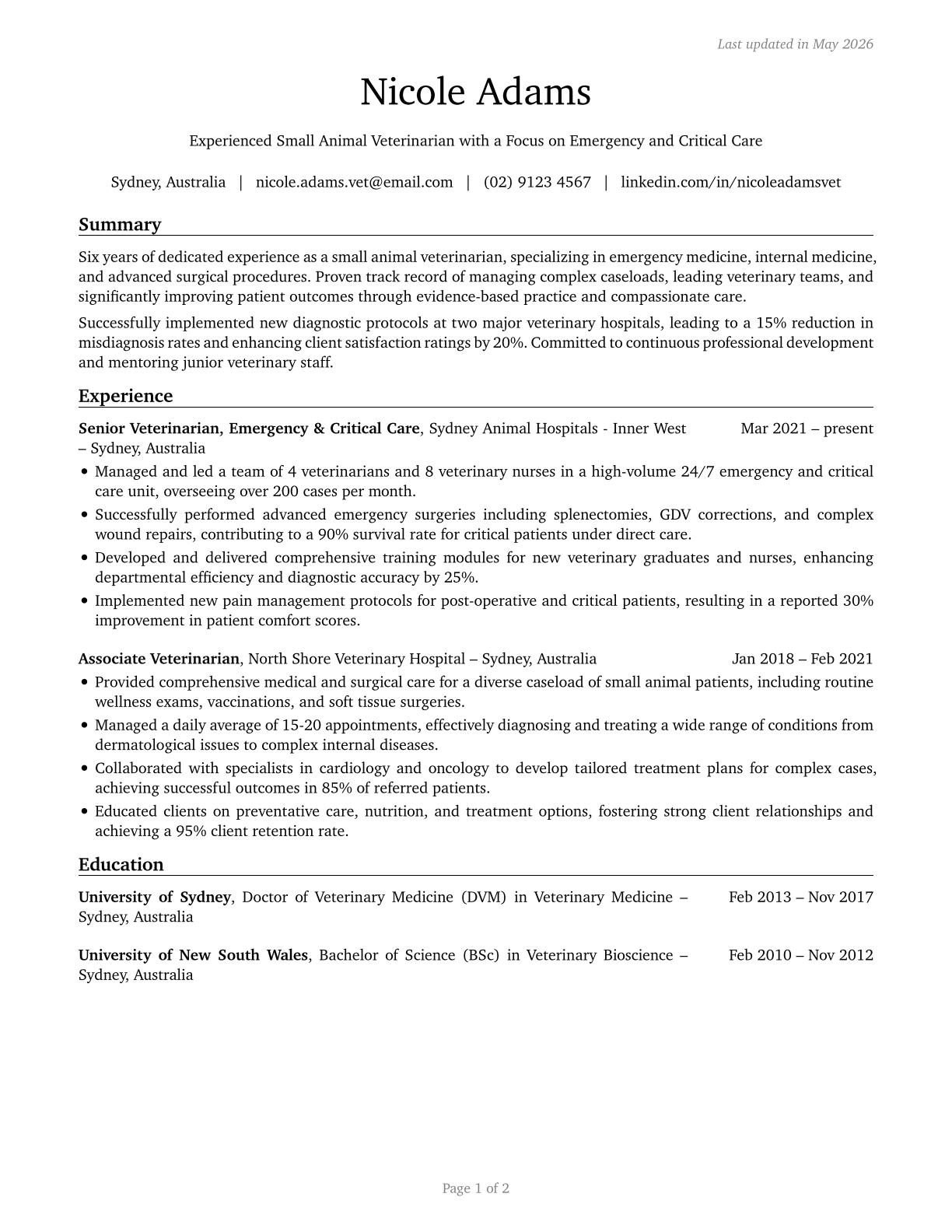 Veterinarians CV in English — page 1