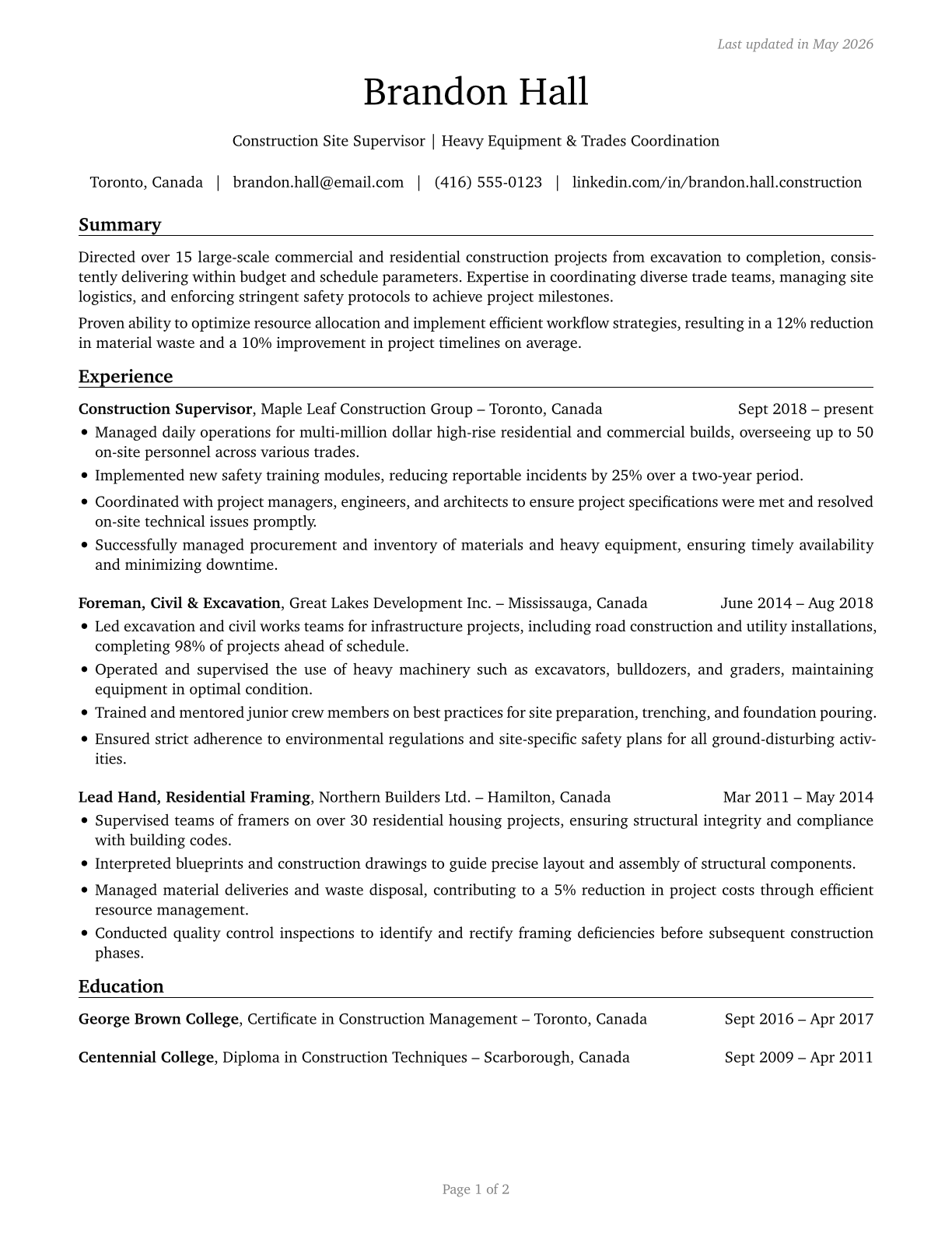 First-Line Supervisors of Construction Trades and Extraction Workers CV in English — page 1