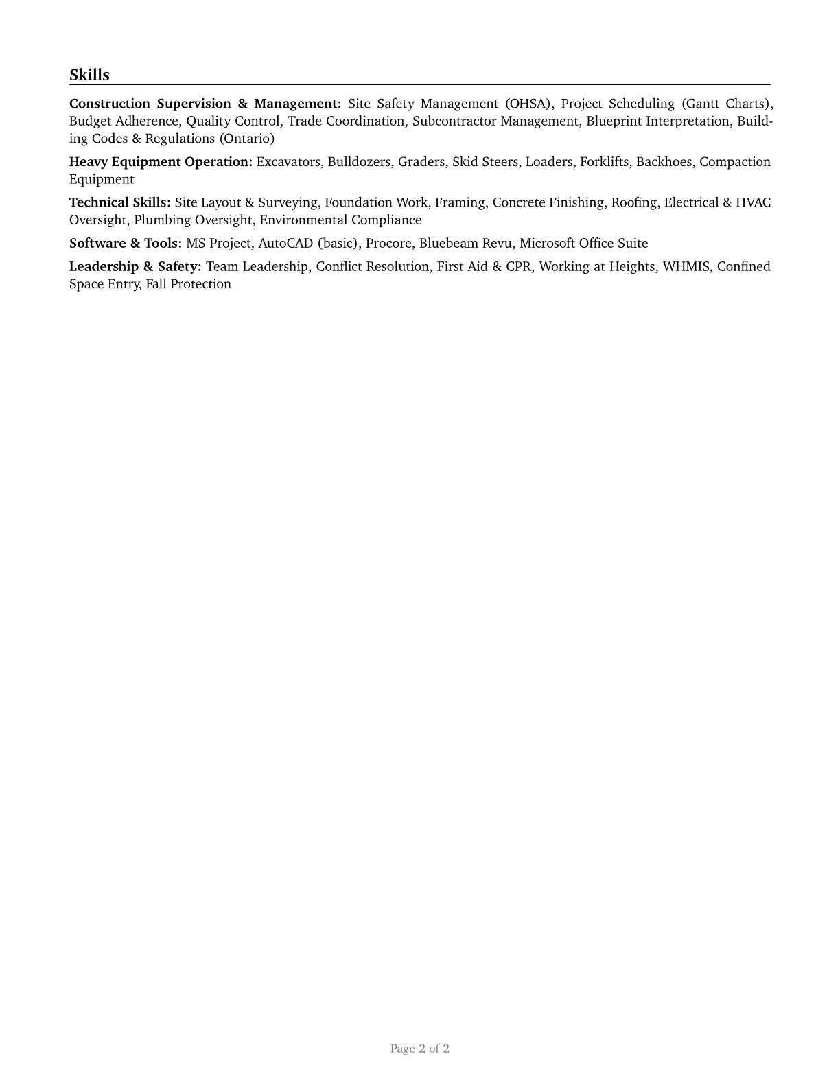 First-Line Supervisors of Construction Trades and Extraction Workers CV in English — page 2