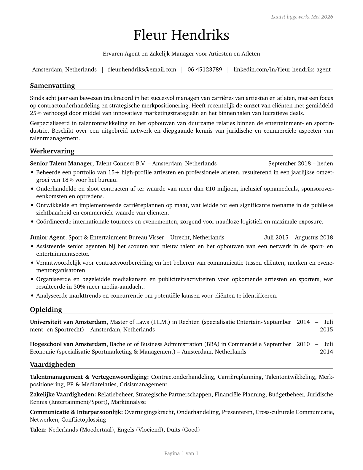 Agents and Business Managers of Artists, Performers, and Athletes CV in Dutch — page 1