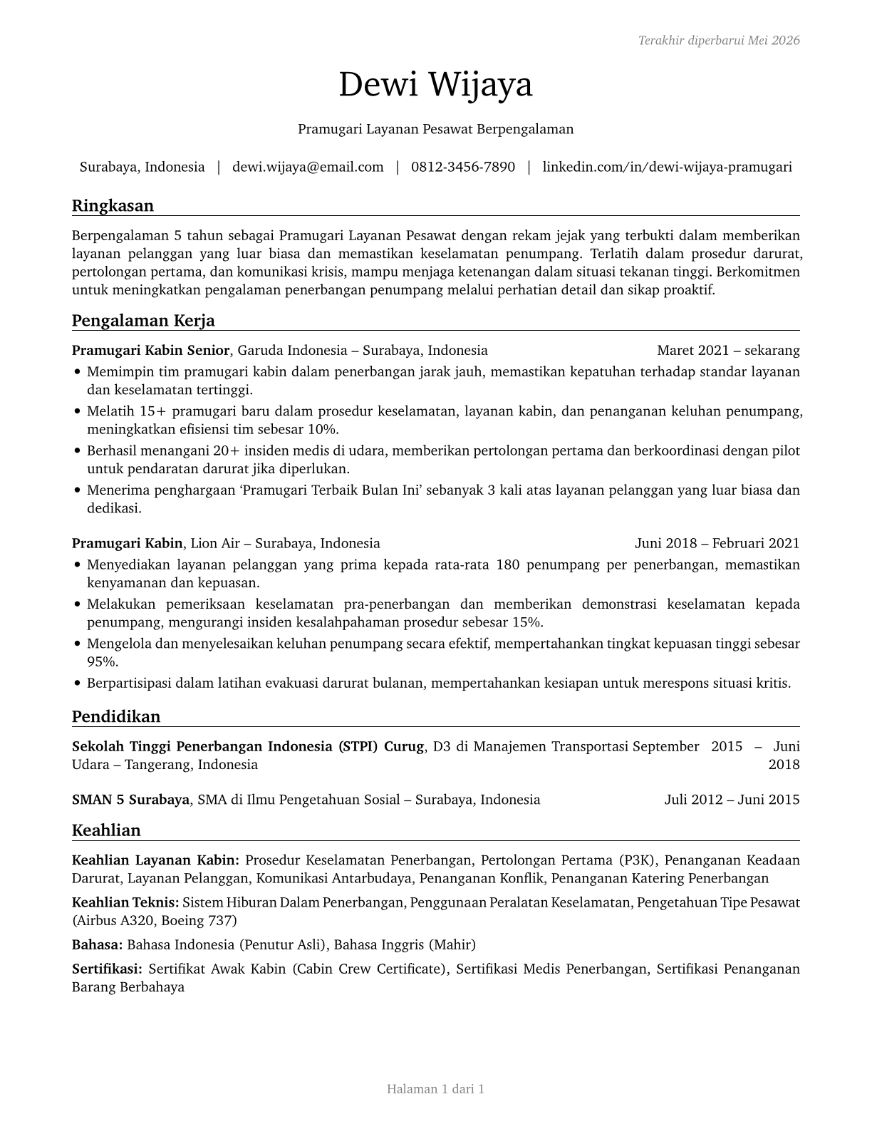 Aircraft Service Attendants CV in Indonesian — page 1