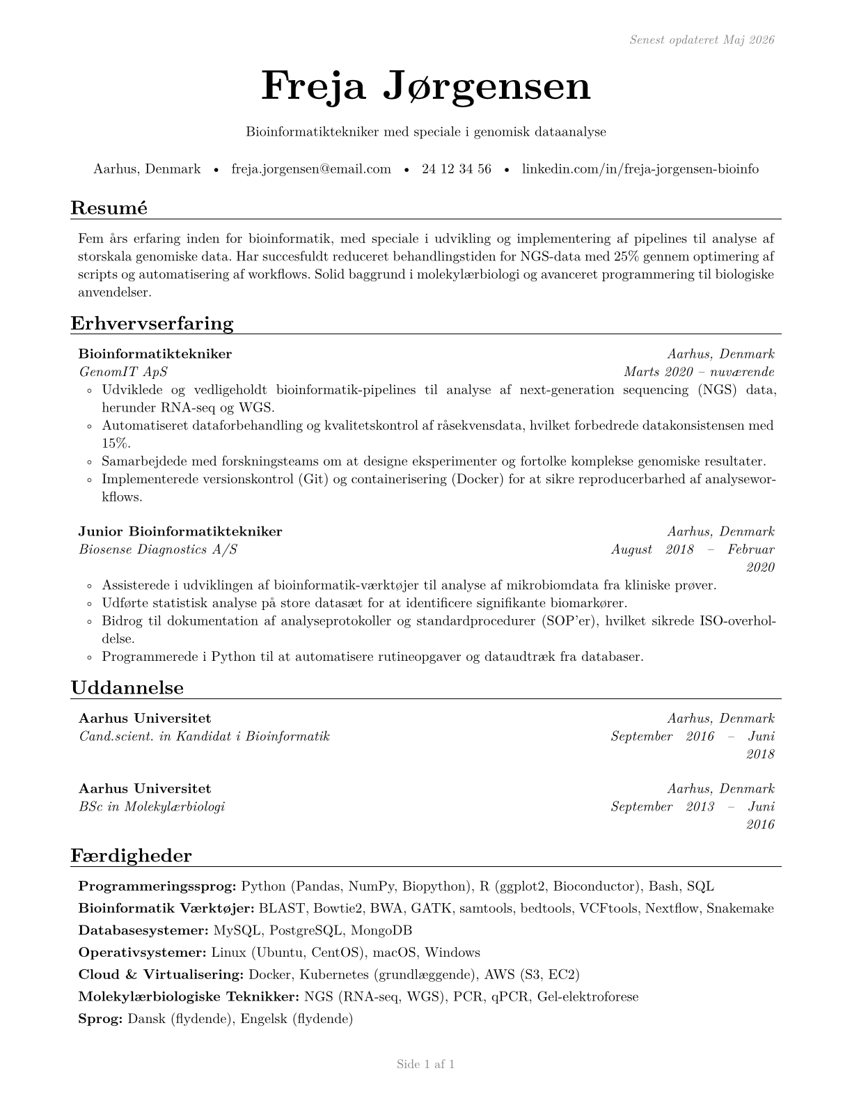 Bioinformatics Technicians CV in Danish — page 1