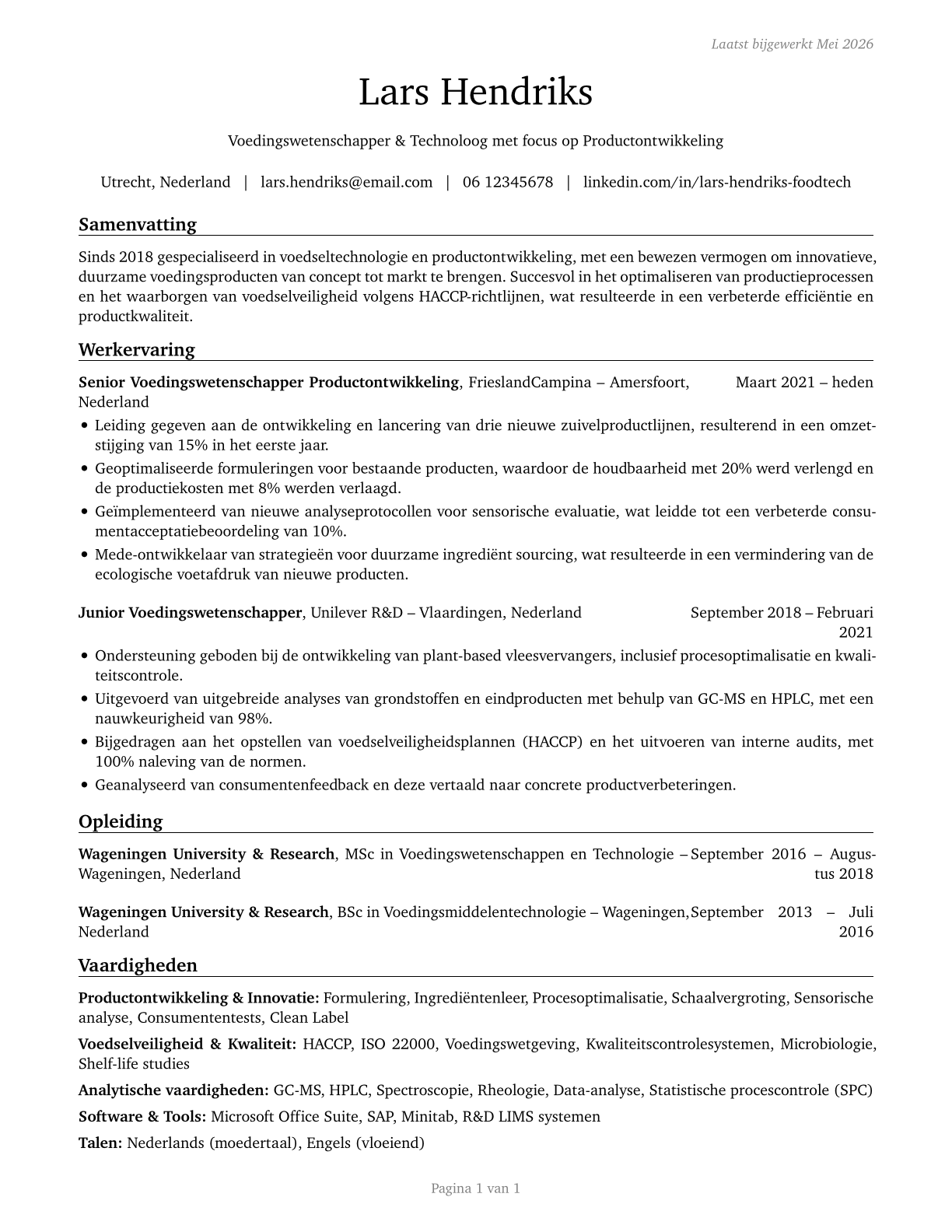 Food Scientists and Technologists CV in Dutch — page 1