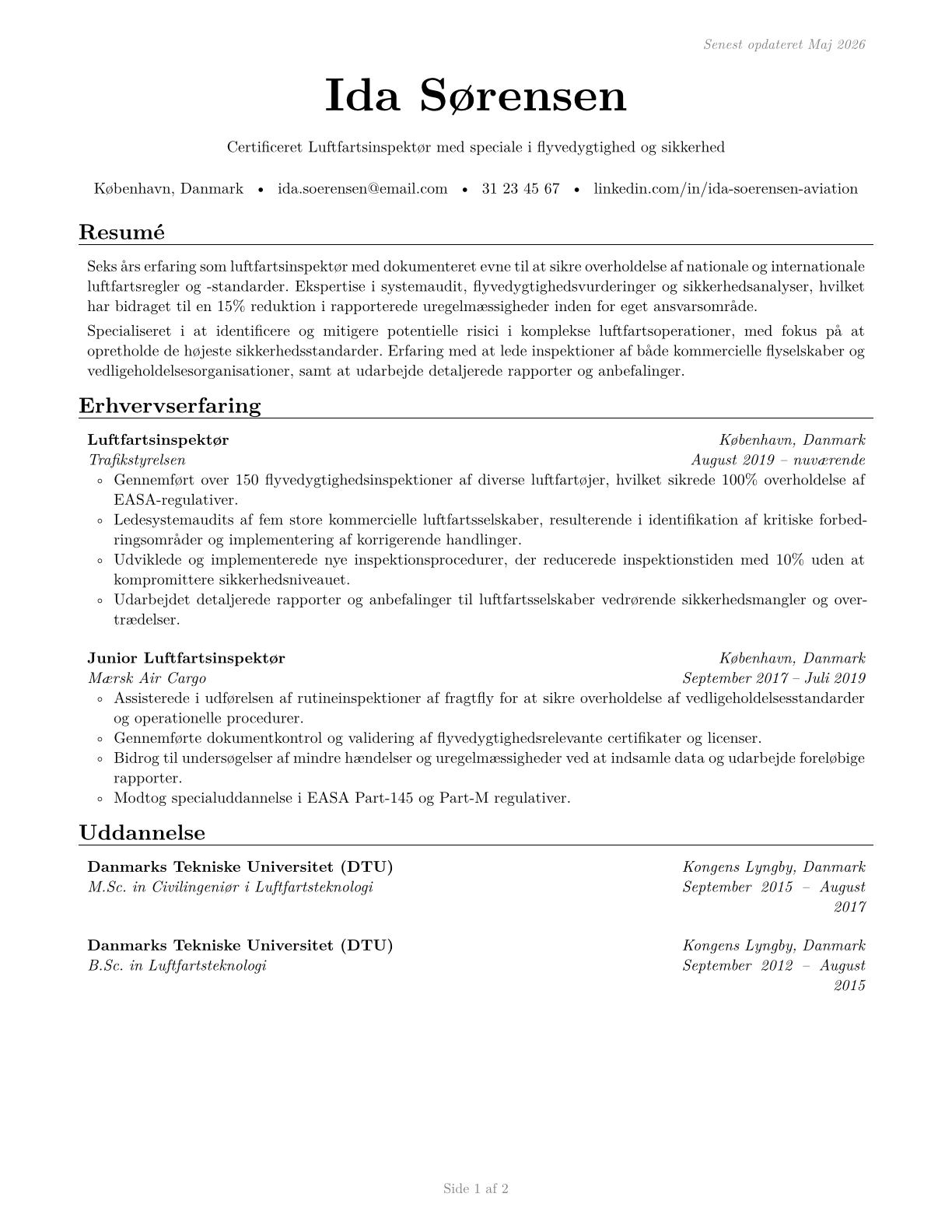 Aviation Inspectors CV in Danish — page 1