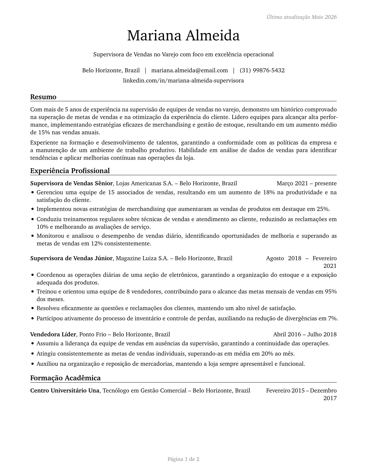First-Line Supervisors of Retail Sales Workers CV in Portuguese — page 1