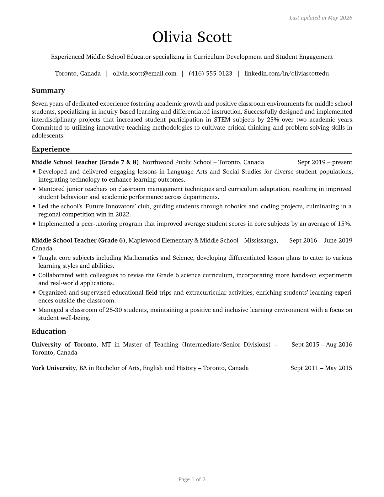 Middle School Teachers, Except Special and Career/Technical Education CV in English — page 1