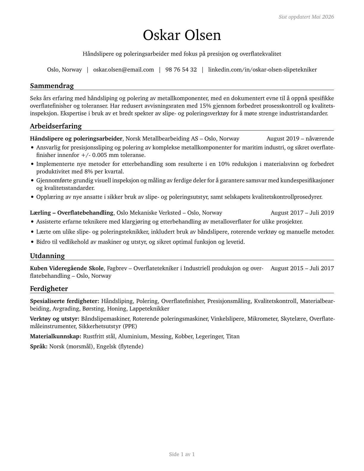 Grinding and Polishing Workers, Hand CV in Norwegian_bokmal — page 1