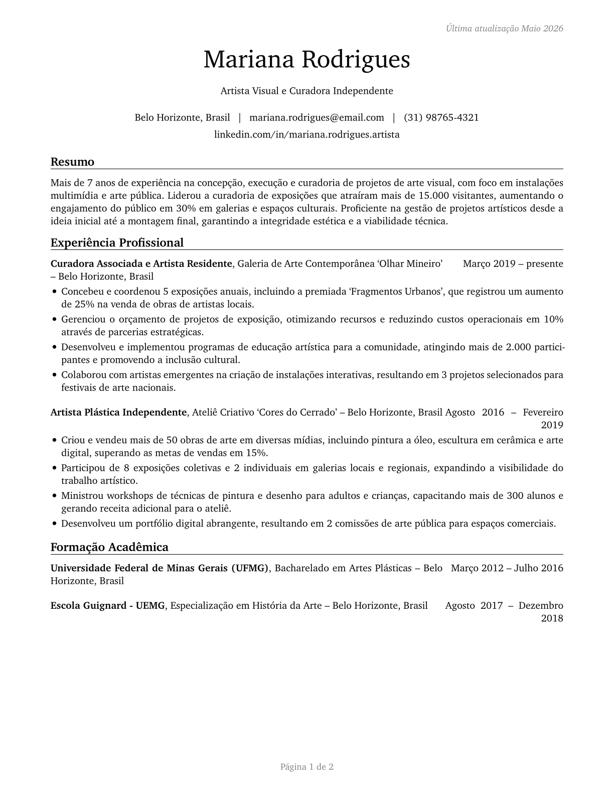 Artists and Related Workers, All Other CV in Portuguese — page 1