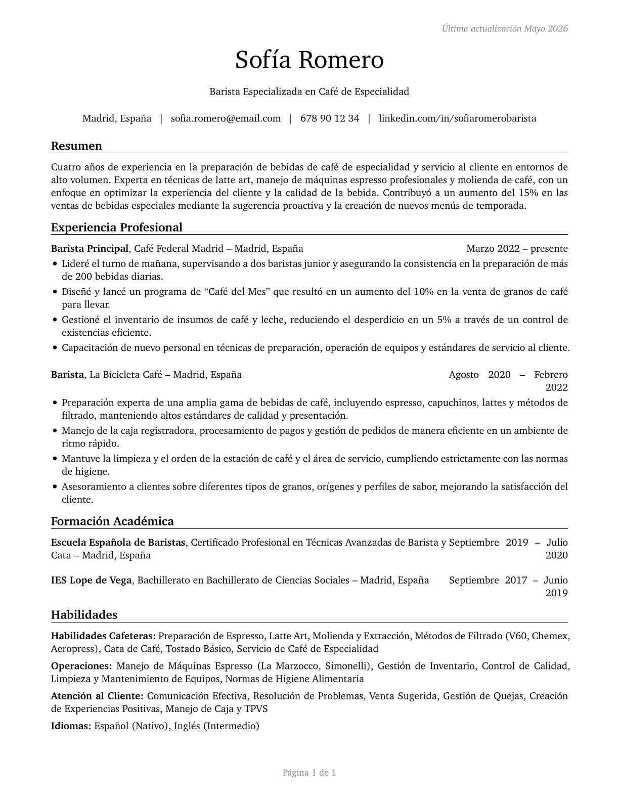 Baristas CV in Spanish — page 1