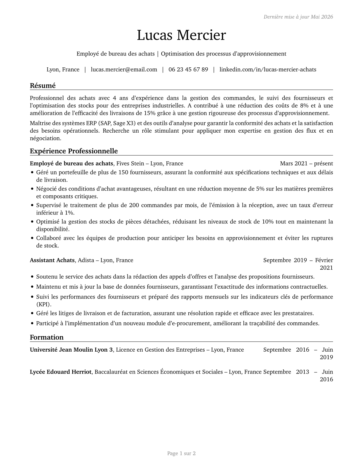Procurement Clerks CV in French — page 1