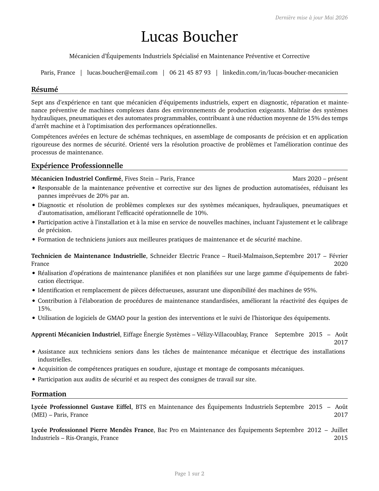 Industrial Machinery Mechanics CV in French — page 1