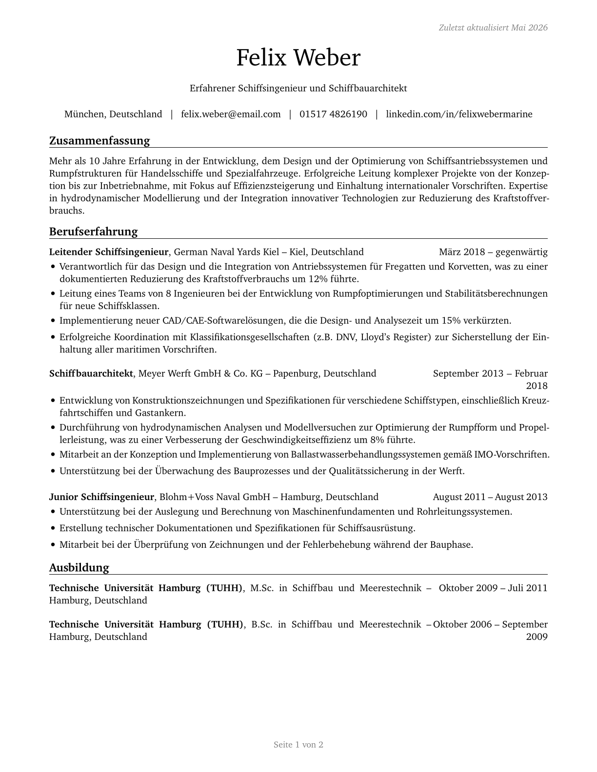 Marine Engineers and Naval Architects CV in German — page 1