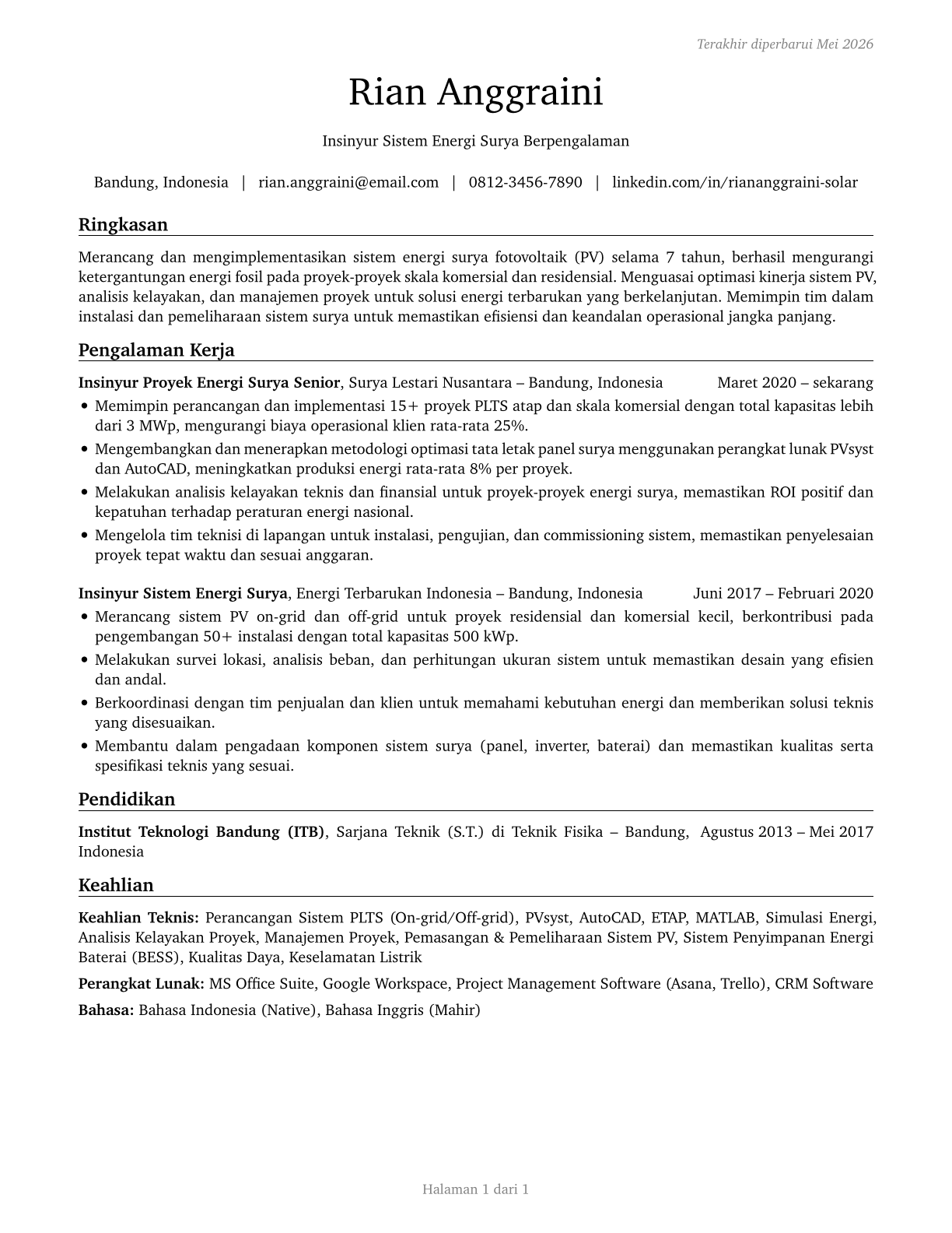 Solar Energy Systems Engineers CV in Indonesian — page 1