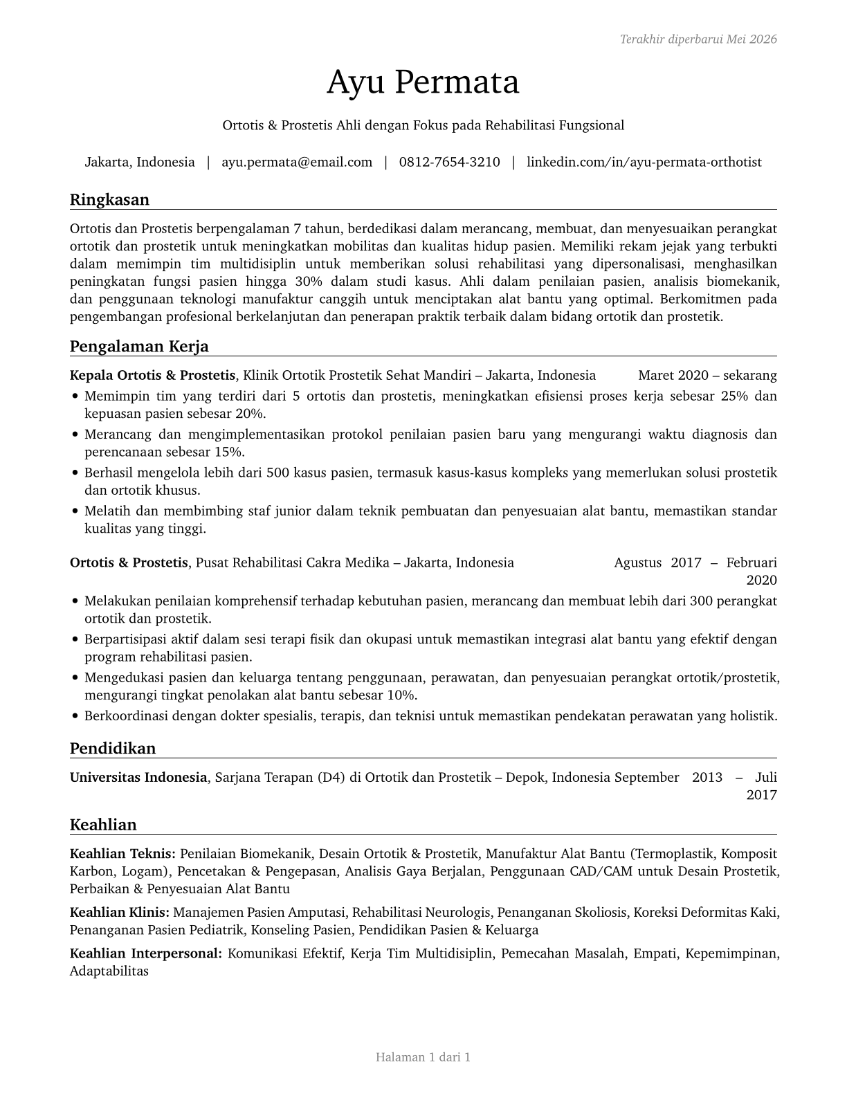 Orthotists and Prosthetists CV in Indonesian — page 1