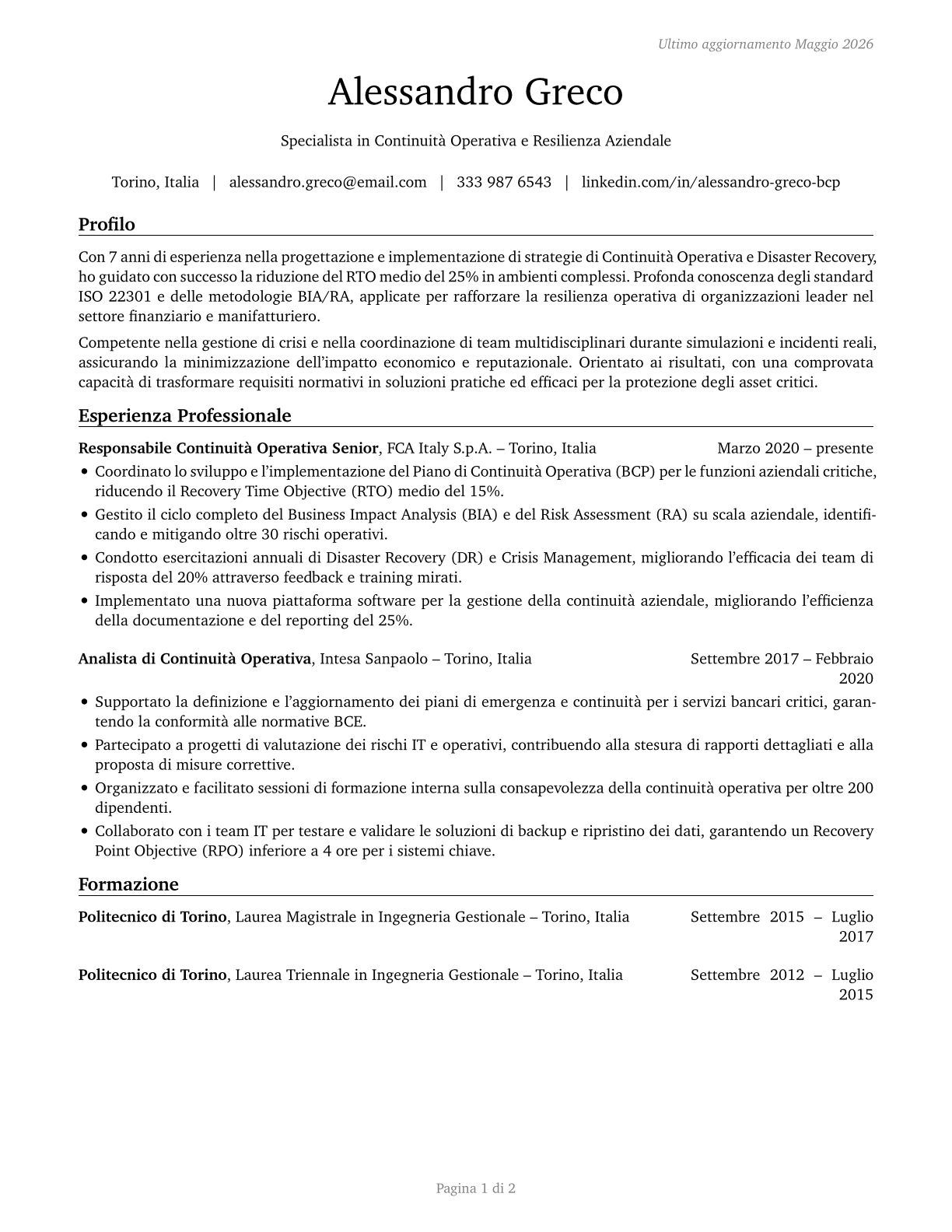 Business Continuity Planners CV in Italian — page 1