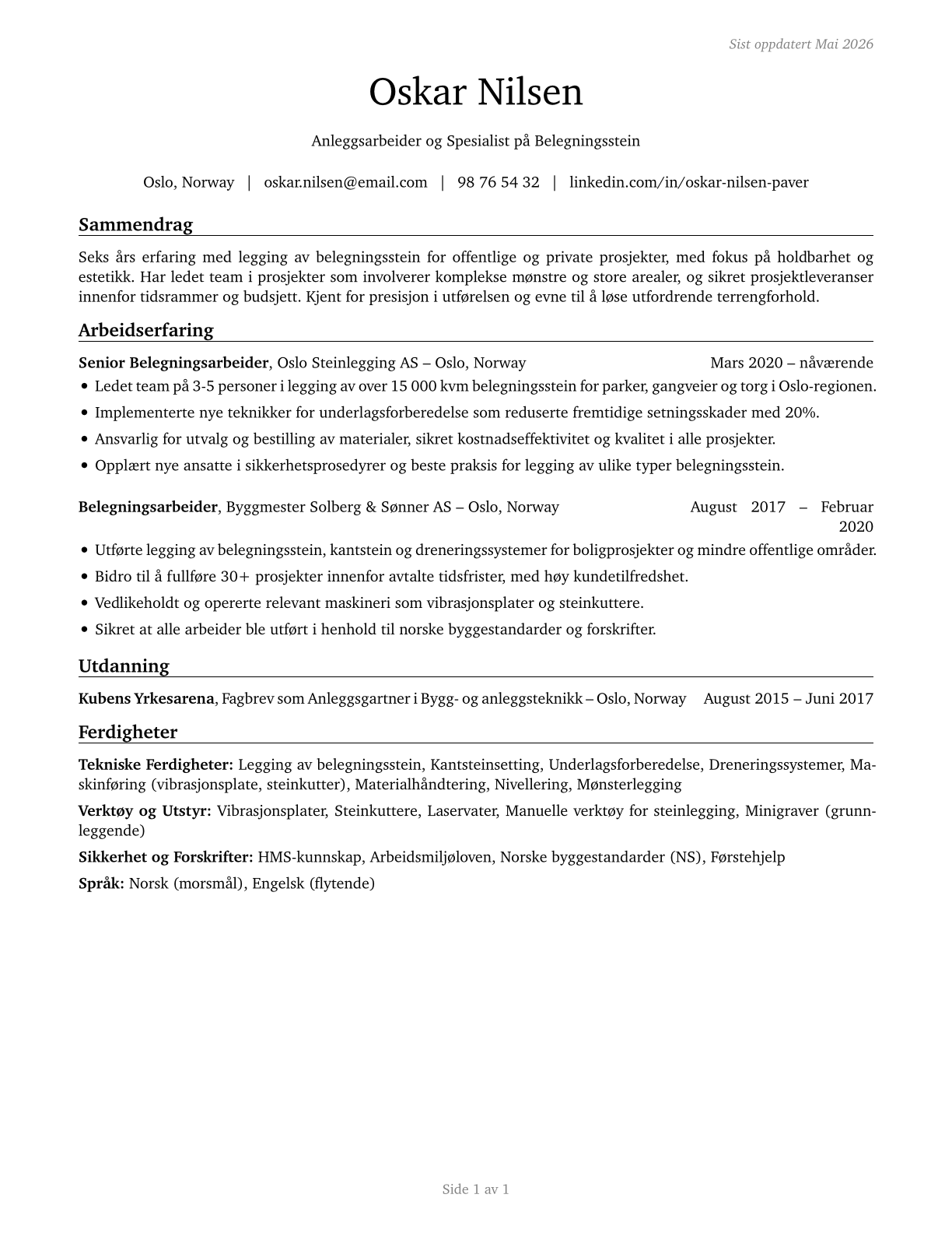 Segmental Pavers CV in Norwegian_bokmal — page 1