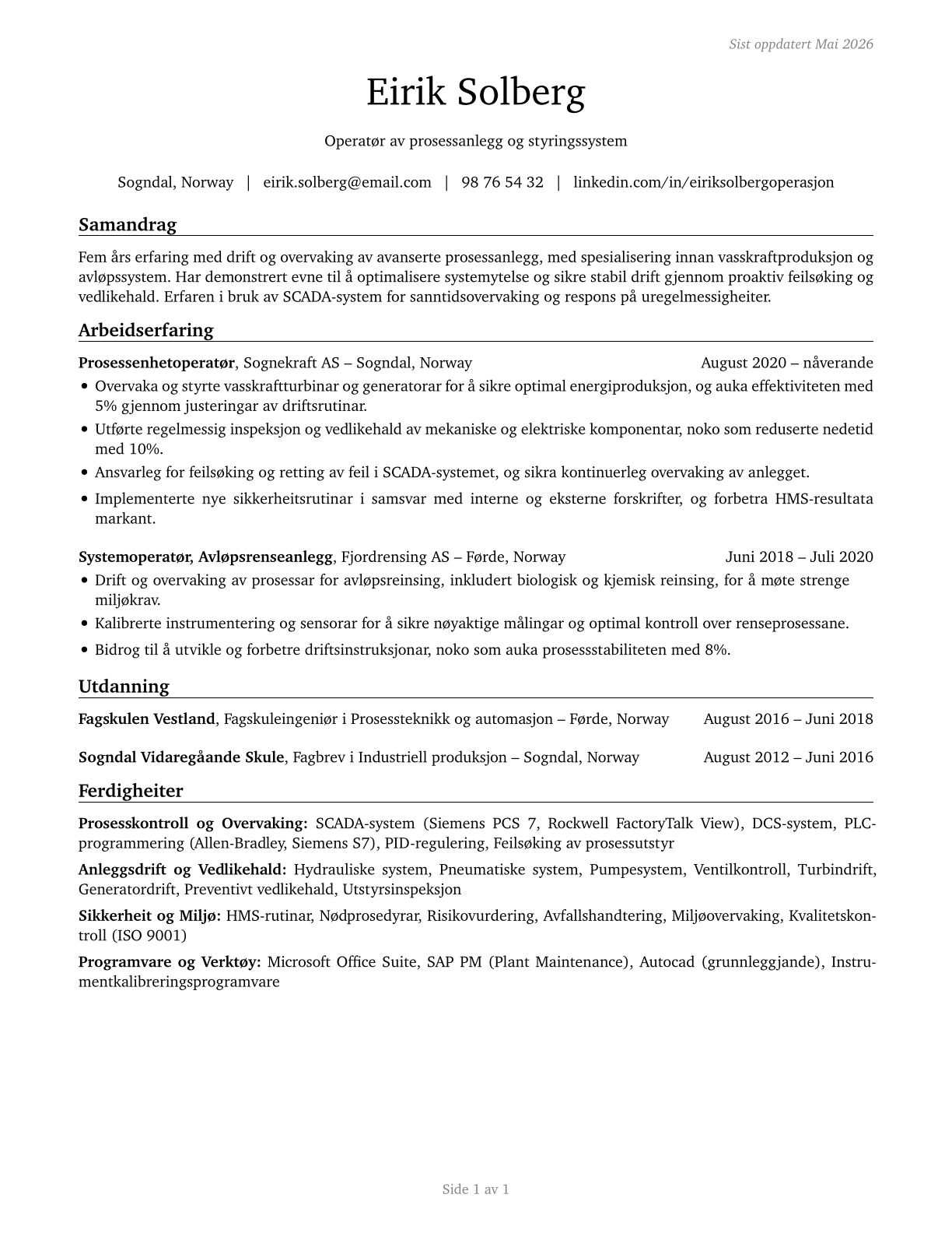 Plant and System Operators, All Other CV in Norwegian_nynorsk — page 1
