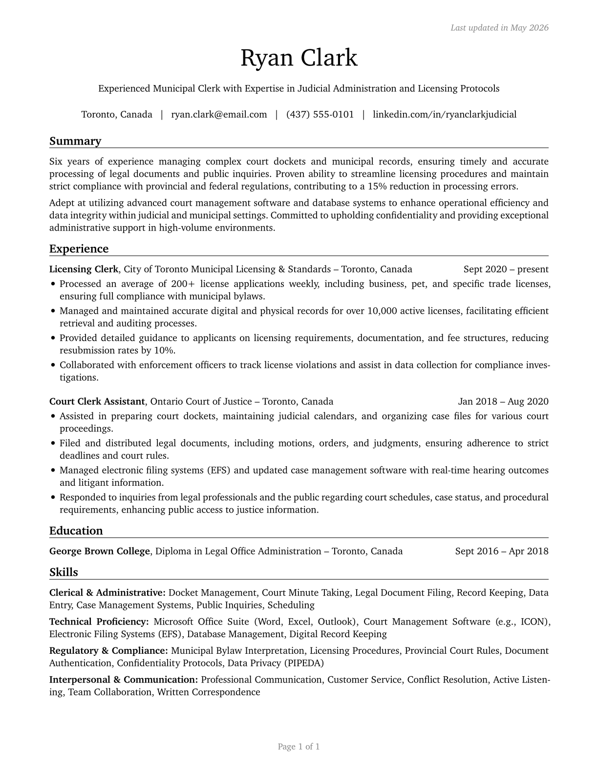 Court, Municipal, and License Clerks CV in English — page 1