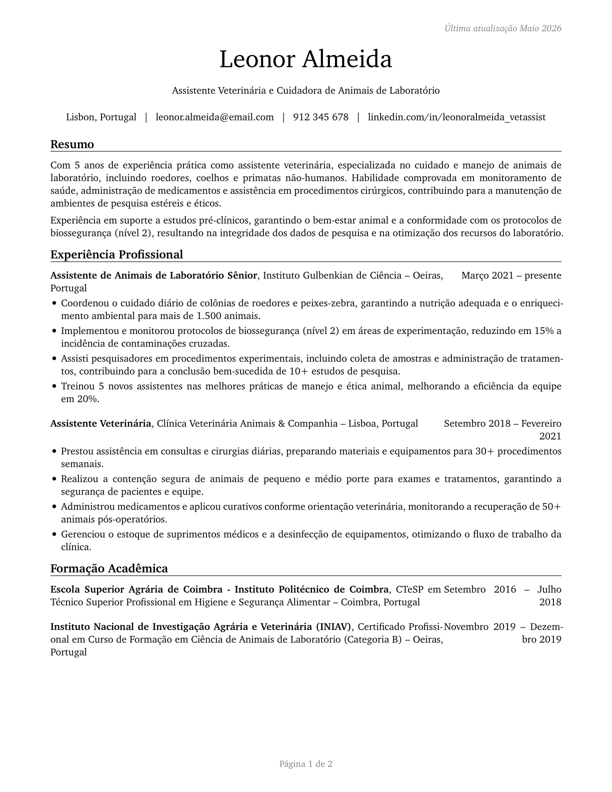 Veterinary Assistants and Laboratory Animal Caretakers CV in Portuguese — page 1