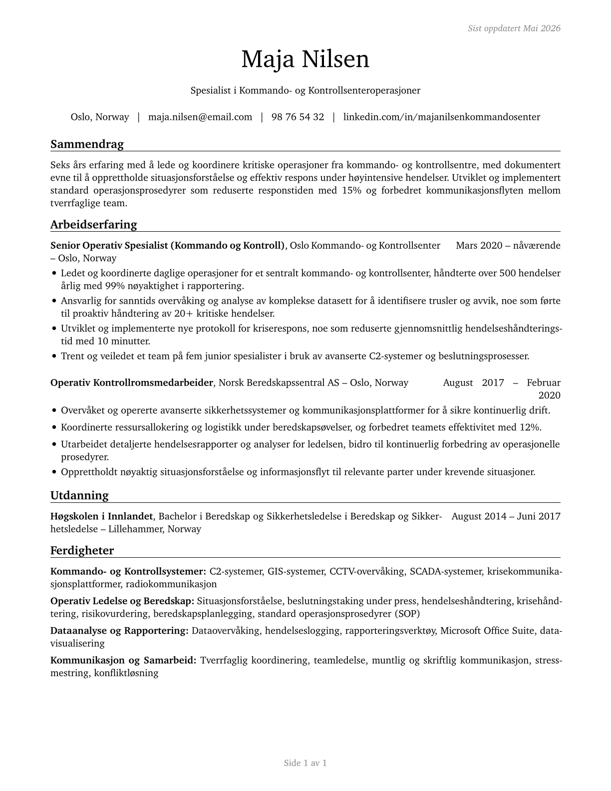 Command and Control Center Specialists CV in Norwegian_bokmal — page 1