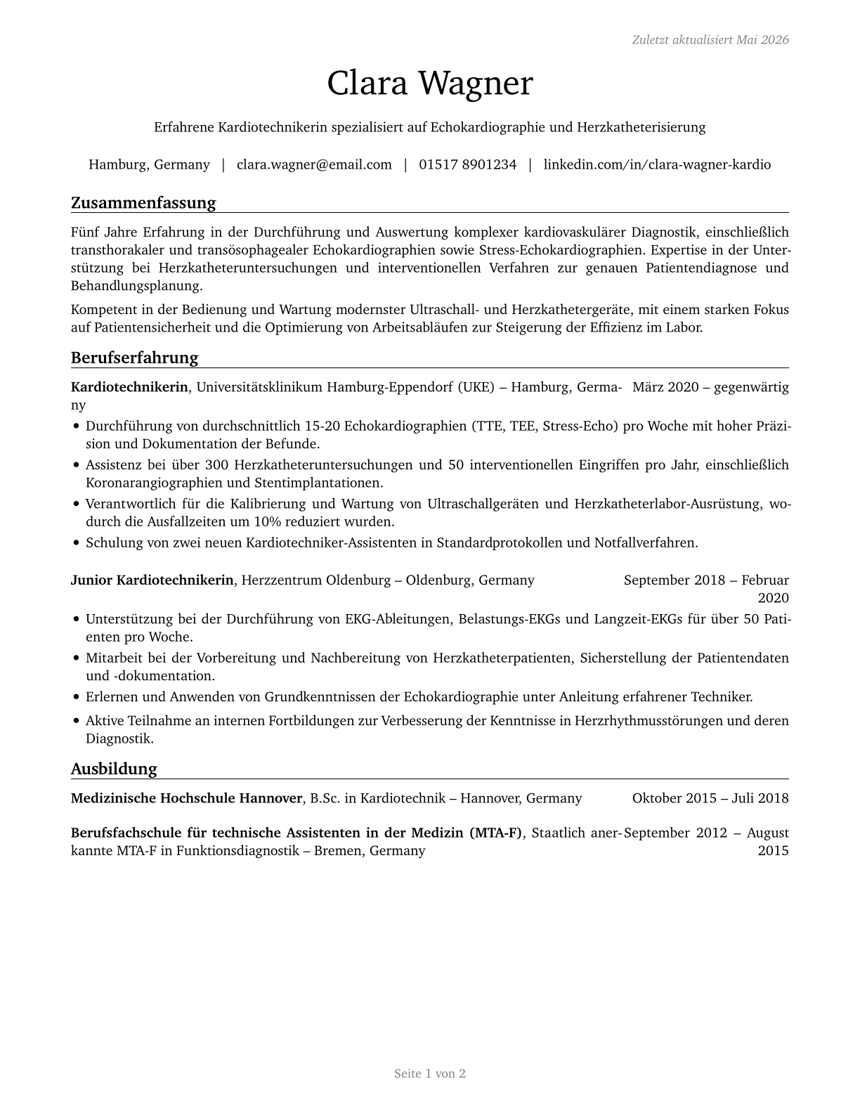 Cardiovascular Technologists and Technicians CV in German — page 1