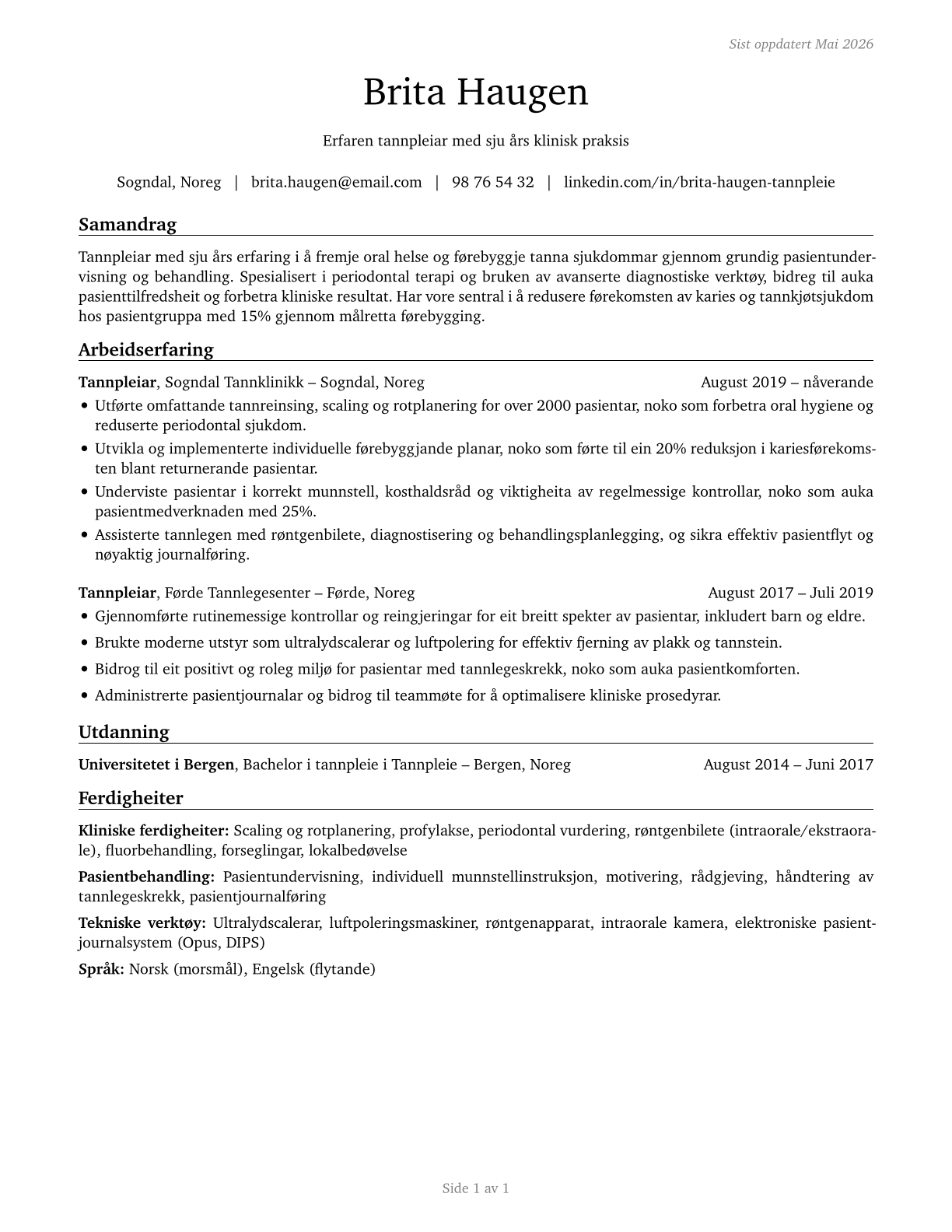 Dental Hygienists CV in Norwegian_nynorsk — page 1