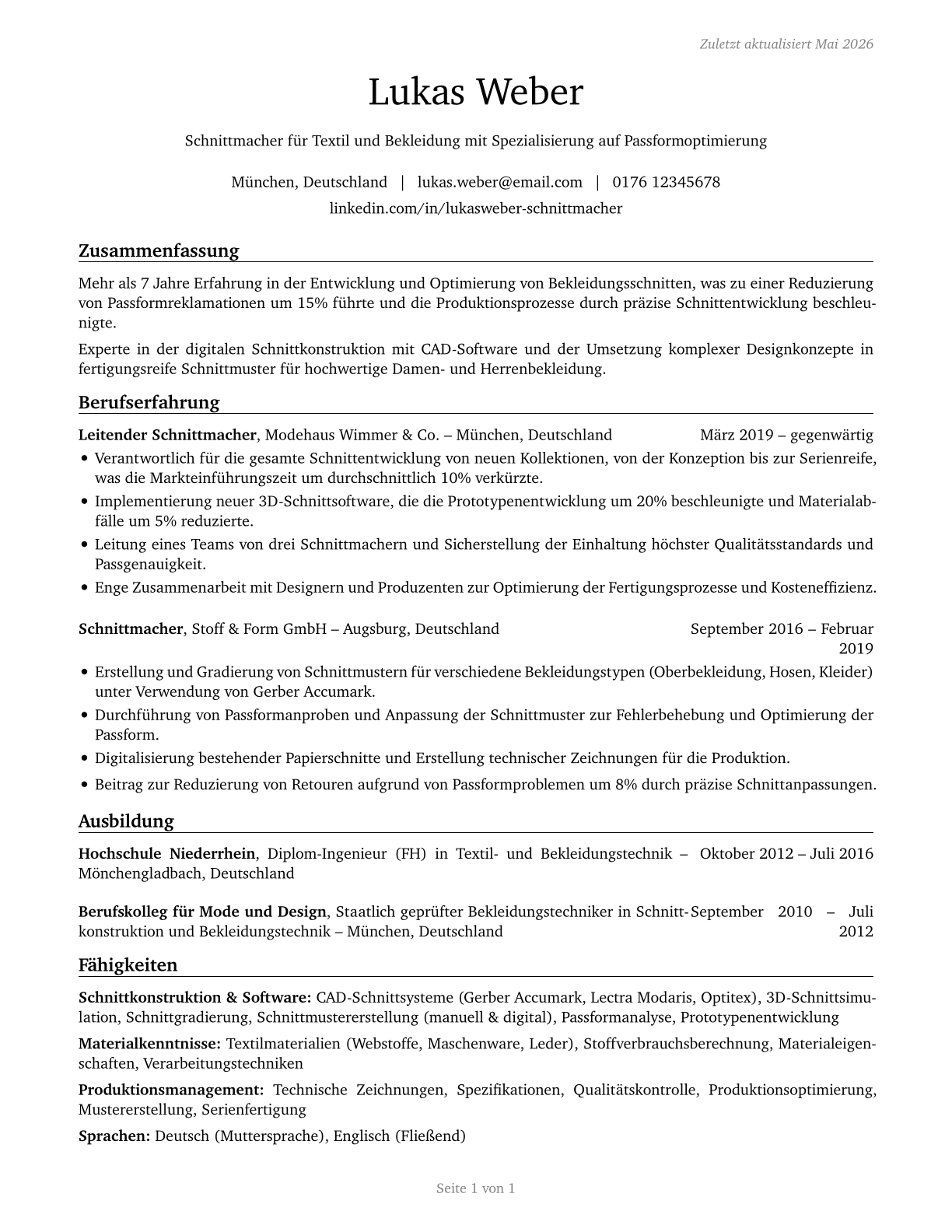 Fabric and Apparel Patternmakers CV in German — page 1