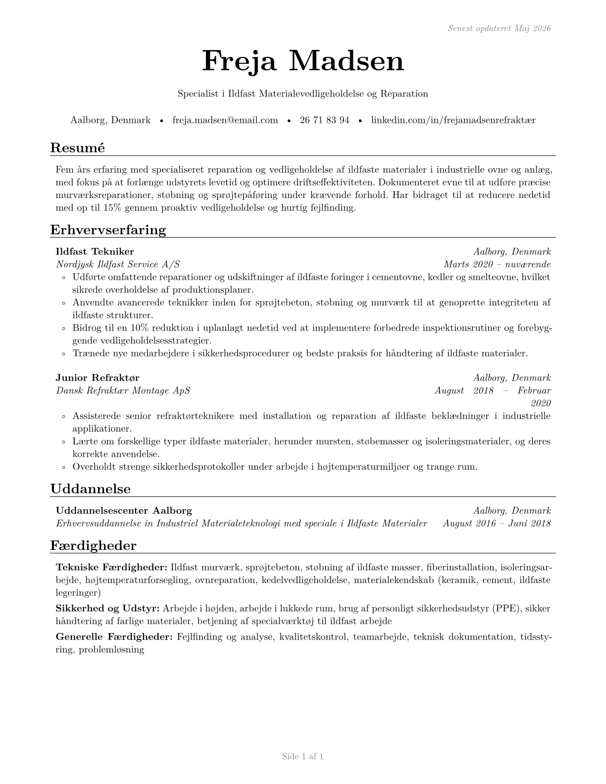 Refractory Materials Repairers, Except Brickmasons CV in Danish — page 1