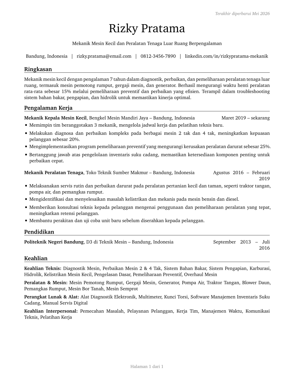 Outdoor Power Equipment and Other Small Engine Mechanics CV in Indonesian — page 1