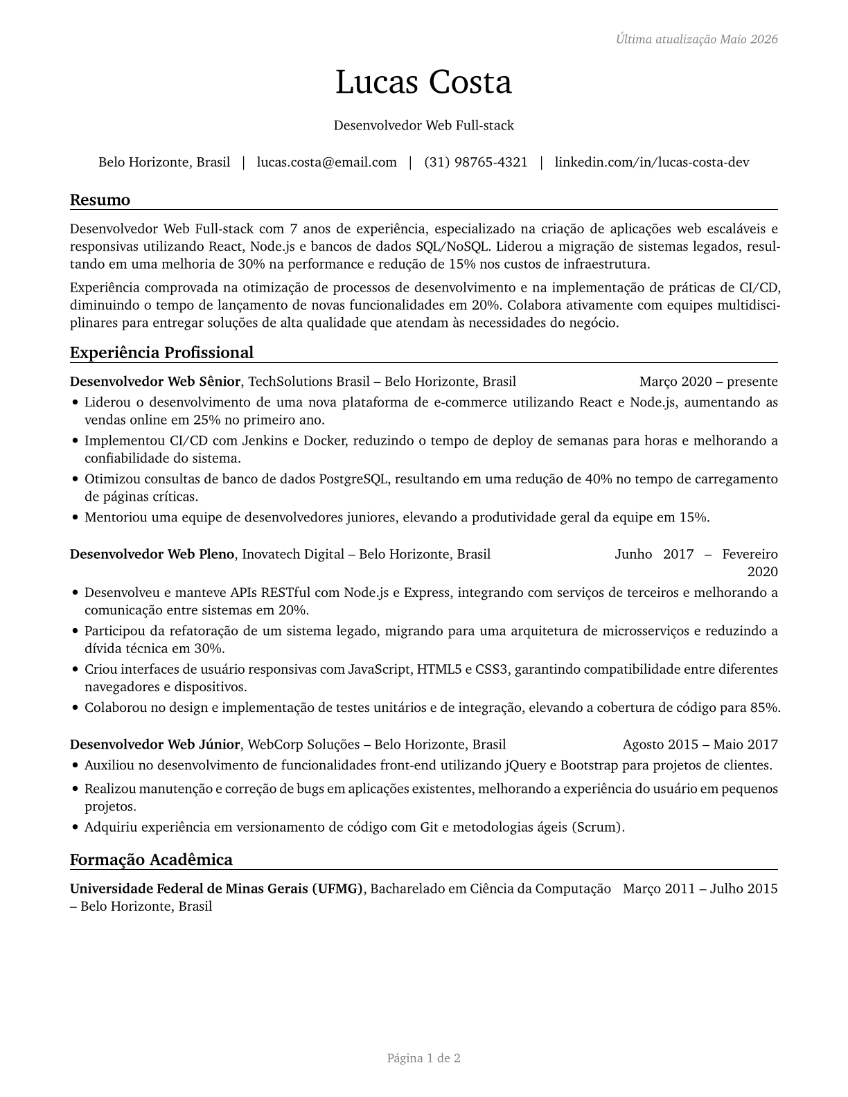 Web Developers CV in Portuguese — page 1