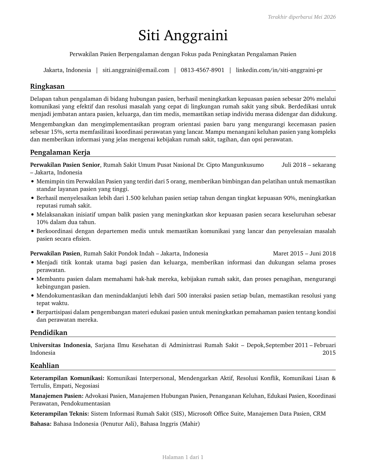 Patient Representatives CV in Indonesian — page 1