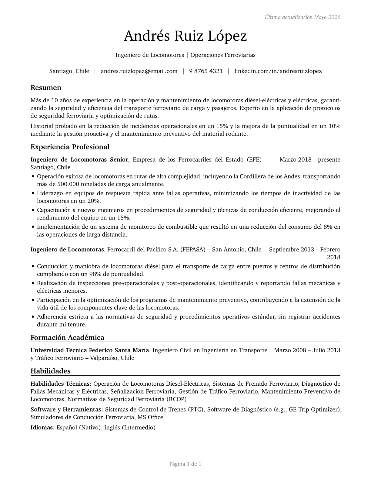 Locomotive Engineers CV in Spanish — page 1